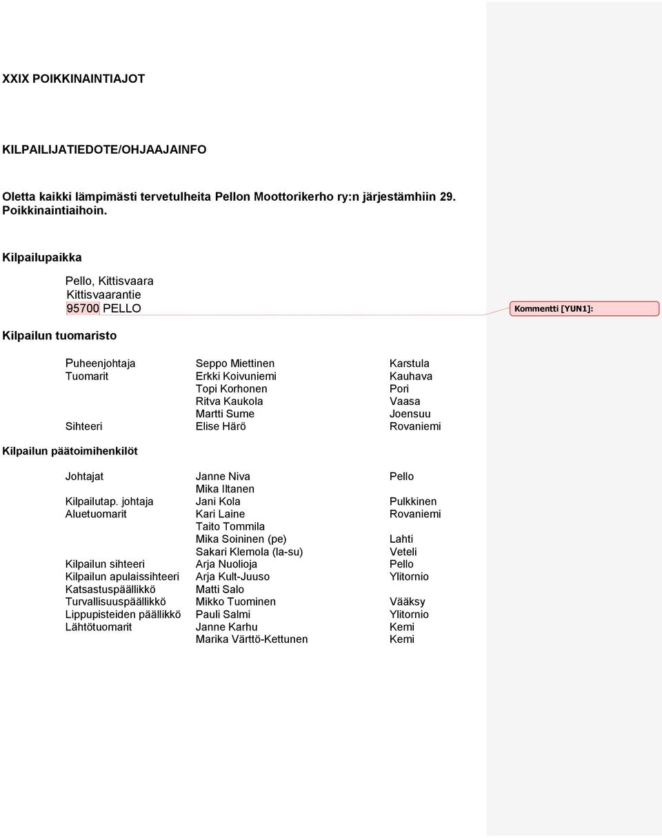 Kaukola Vaasa Martti Sume Joensuu Sihteeri Elise Härö Rovaniemi Kilpailun päätoimihenkilöt Johtajat Janne Niva Pello Mika Iltanen Kilpailutap.