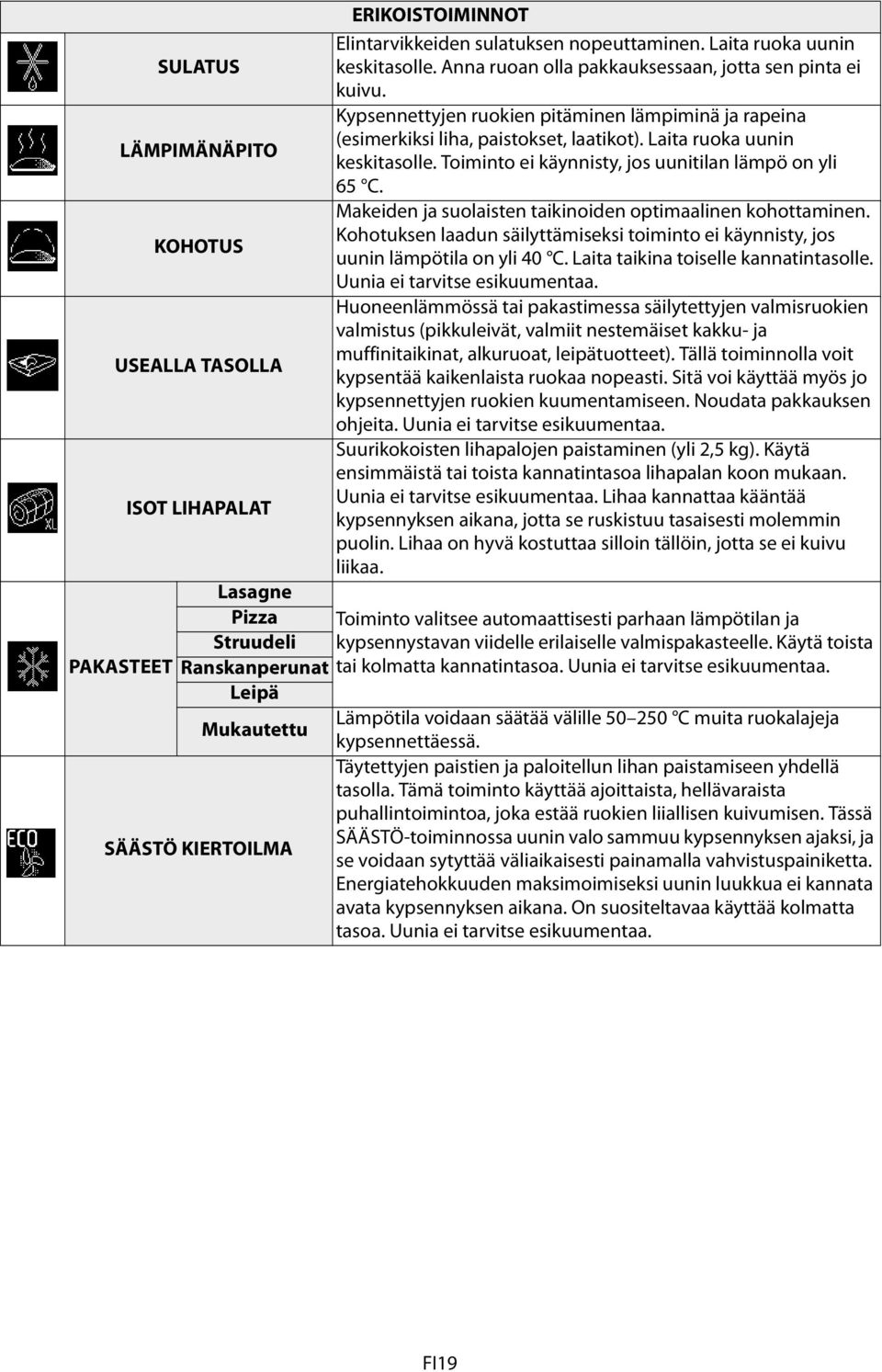 Laita ruoka uunin keskitasolle. Toiminto ei käynnisty, jos uunitilan lämpö on yli 65 C. Makeiden ja suolaisten taikinoiden optimaalinen kohottaminen.