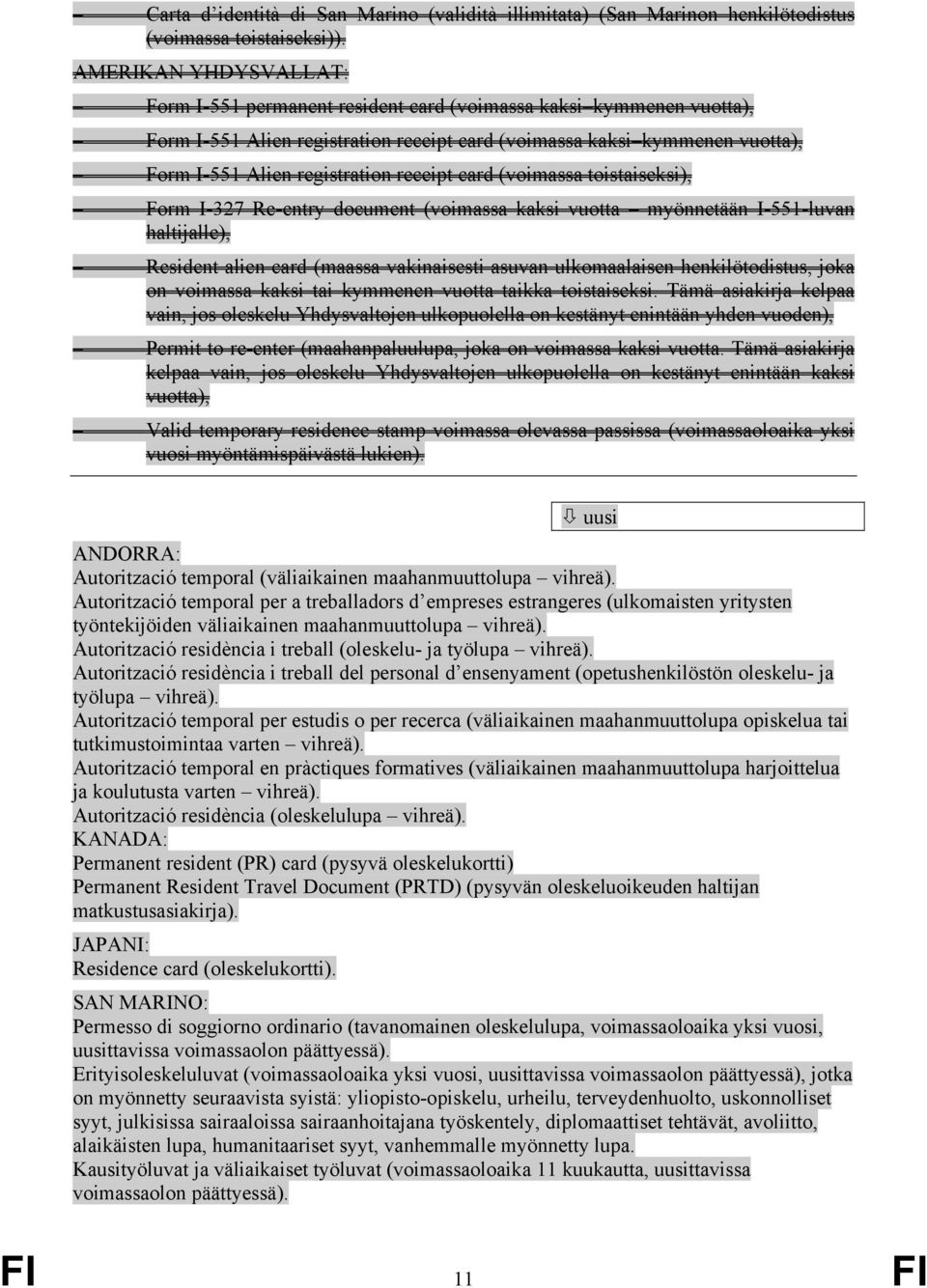 receipt card (voimassa toistaiseksi), Form I-327 Re-entry document (voimassa kaksi vuotta myönnetään I-551-luvan haltijalle), Resident alien card (maassa vakinaisesti asuvan ulkomaalaisen