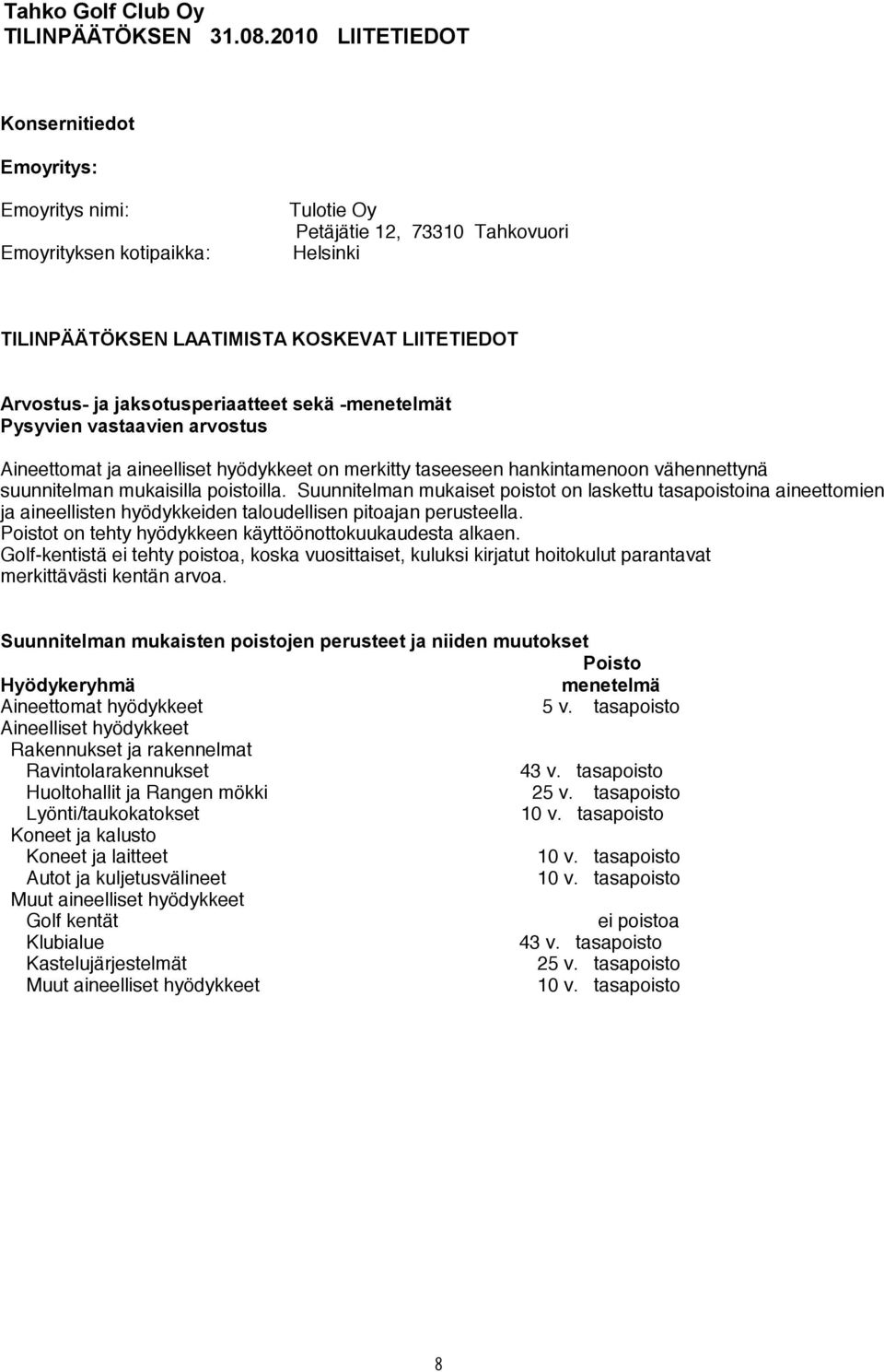 sekä -menetelmät Pysyvien vastaavien arvostus Aineettomat ja aineelliset hyödykkeet on merkitty taseeseen hankintamenoon vähennettynä suunnitelman mukaisilla poistoilla.