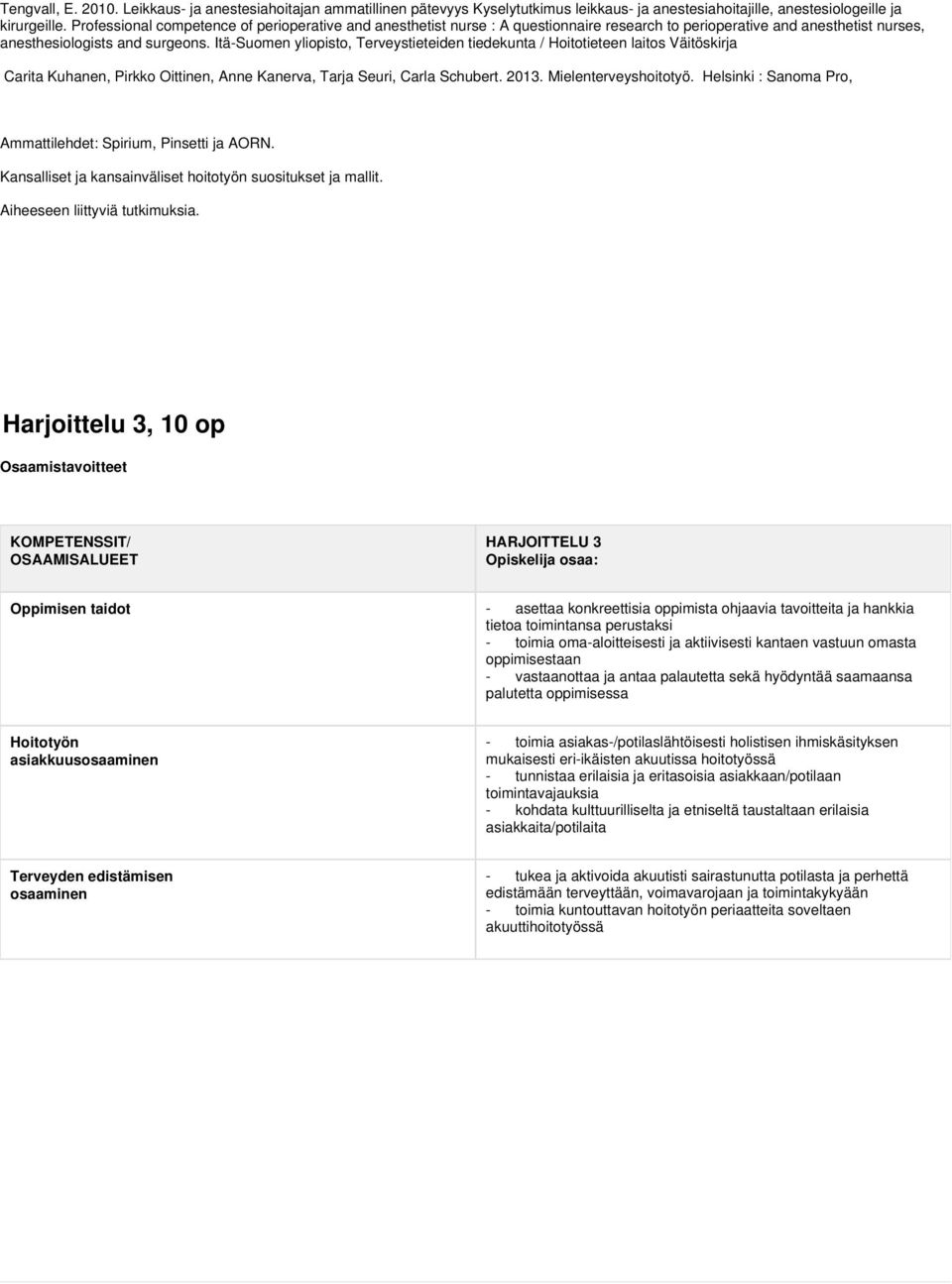 Itä-Suomen yliopisto, Terveystieteiden tiedekunta / Hoitotieteen laitos Väitöskirja Carita Kuhanen, Pirkko Oittinen, Anne Kanerva, Tarja Seuri, Carla Schubert. 2013. Mielenterveyshoitotyö.