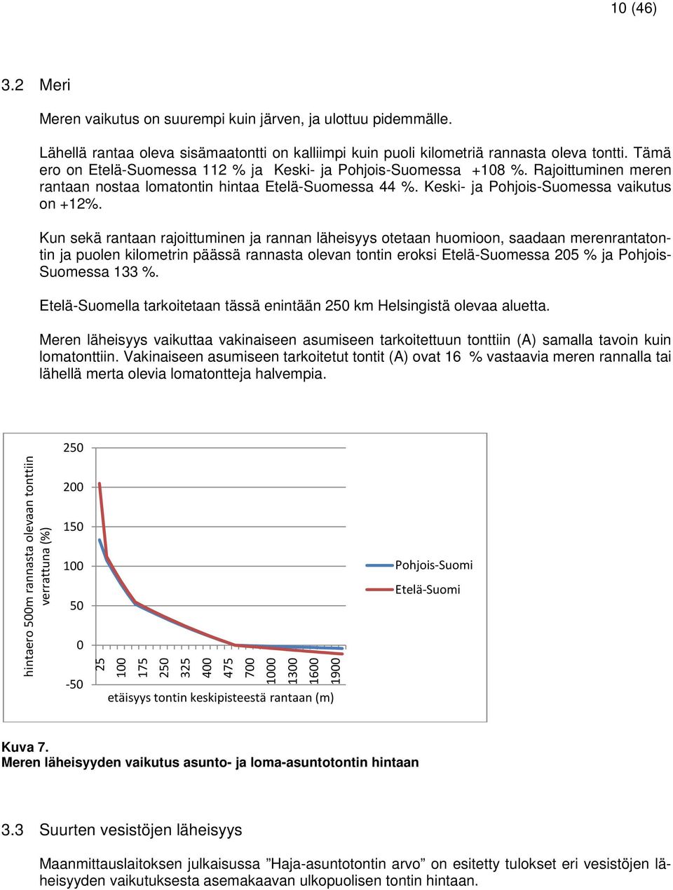 Kun sekä rantaan rajoittuminen ja rannan läheisyys otetaan huomioon, saadaan merenrantatontin ja puolen kilometrin päässä rannasta olevan tontin eroksi Etelä-Suomessa 205 % ja Pohjois- Suomessa 133 %.