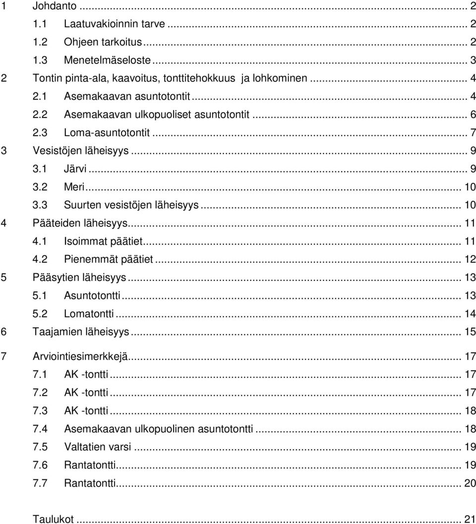 .. 10 4 Pääteiden läheisyys... 11 4.1 Isoimmat päätiet... 11 4.2 Pienemmät päätiet... 12 5 Pääsytien läheisyys... 13 5.1 Asuntotontti... 13 5.2 Lomatontti... 14 6 Taajamien läheisyys.