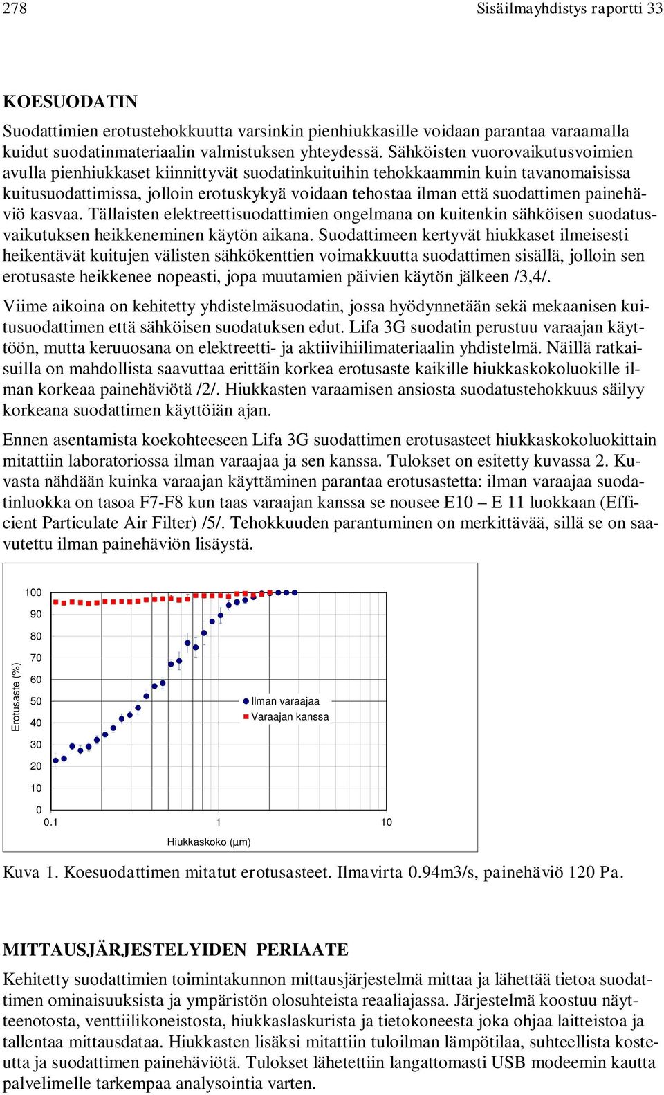 painehäviö kasvaa. Tällaisten elektreettisuodattimien ongelmana on kuitenkin sähköisen suodatusvaikutuksen heikkeneminen käytön aikana.