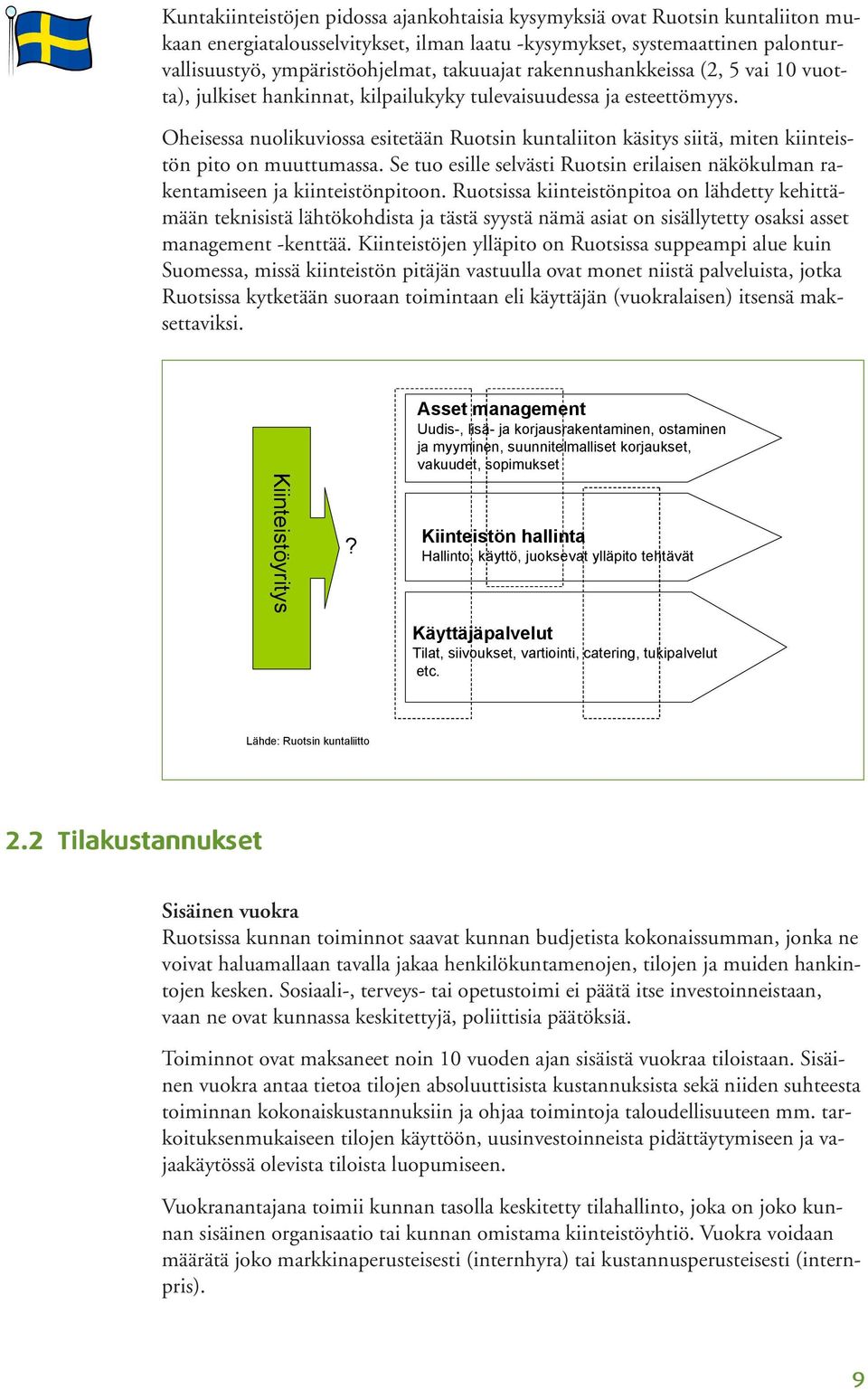 Oheisessa nuolikuviossa esitetään Ruotsin kuntaliiton käsitys siitä, miten kiinteistön pito on muuttumassa. Se tuo esille selvästi Ruotsin erilaisen näkökulman rakentamiseen ja kiinteistönpitoon.