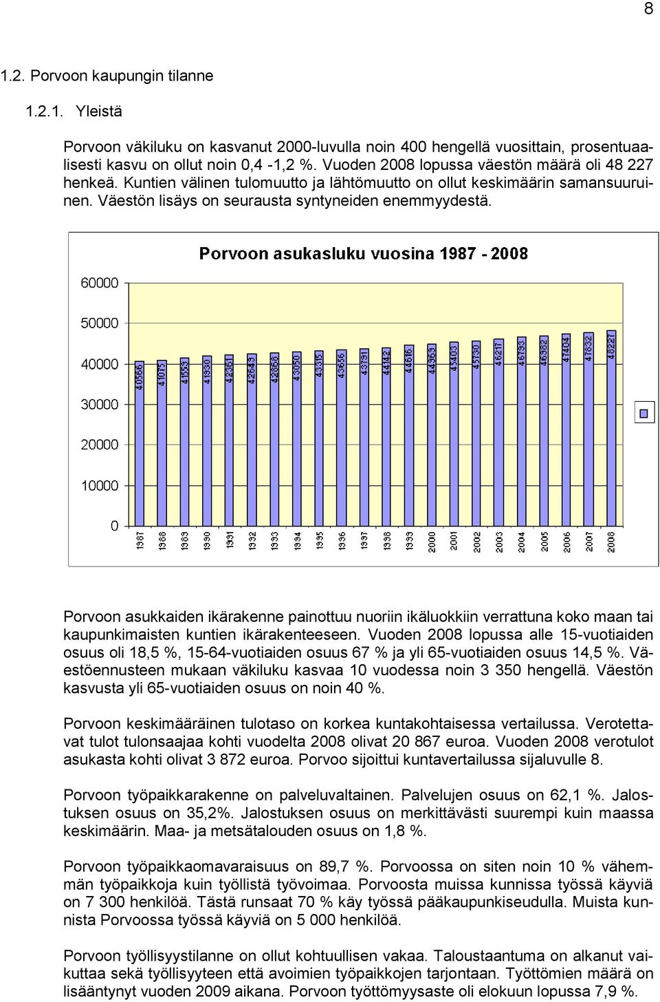 Porvoon asukkaiden ikärakenne painottuu nuoriin ikäluokkiin verrattuna koko maan tai kaupunkimaisten kuntien ikärakenteeseen.