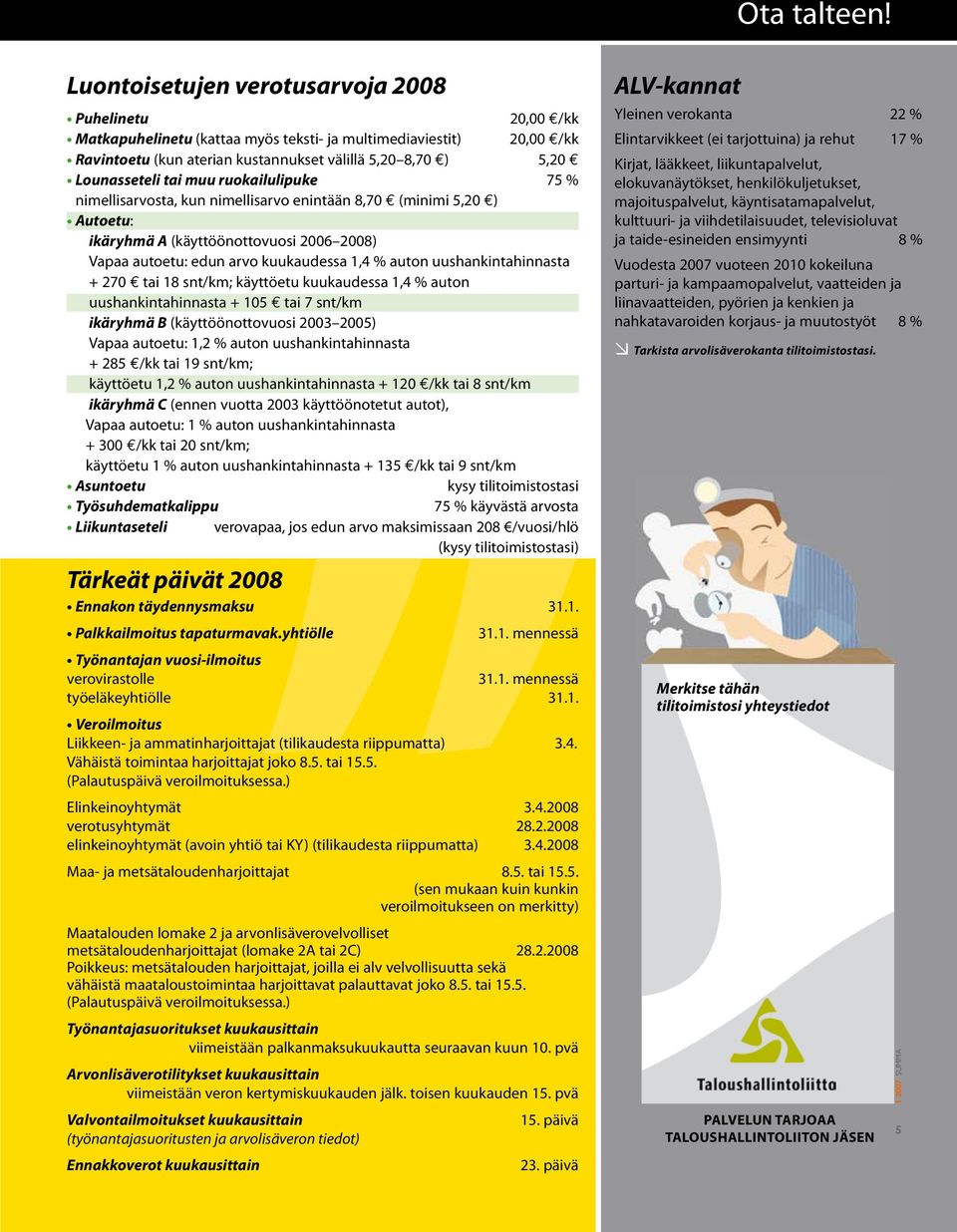 tai muu ruokailulipuke 75 % nimellisarvosta, kun nimellisarvo enintään 8,70 (minimi 5,20 ) Autoetu: ikäryhmä A (käyttöönottovuosi 2006 2008) Vapaa autoetu: edun arvo kuukaudessa 1,4 % auton