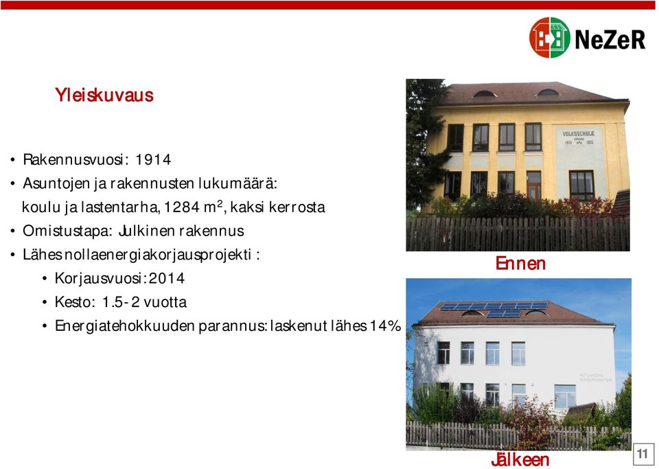 rakennus Lähes nollaenergiakorjausprojekti : Korjausvuosi: 2014 Kesto: