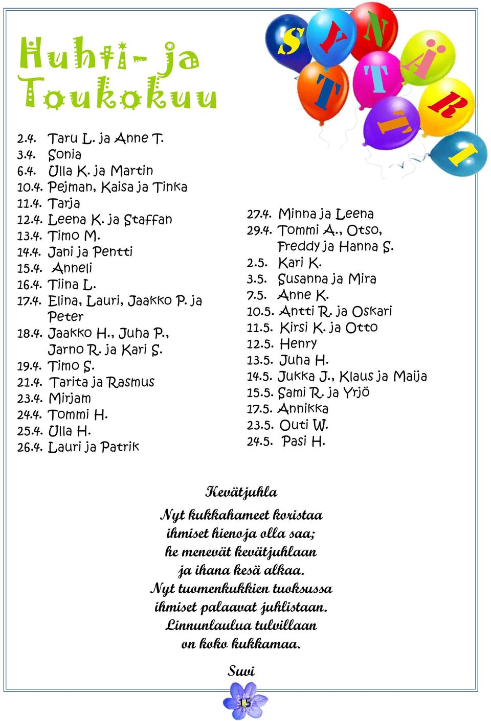 4. Minna ja Leena 29.4. Tommi A., Otso, Freddy ja Hanna S. 2.5. Kari K. 3.5. Susanna ja Mira 7.5. Anne K. 10.5. Antti R. ja Oskari 11.5. Kirsi K. ja Otto 12.5. Henry 13.5. Juha H. 14.5. Jukka J.