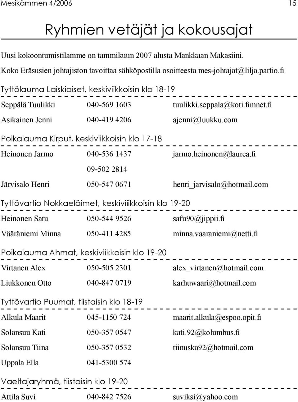 fimnet.fi Asikainen Jenni 040-419 4206 ajenni@luukku.com Poikalauma Kirput, keskiviikkoisin klo 17-18 Heinonen Jarmo 040-536 1437 jarmo.heinonen@laurea.