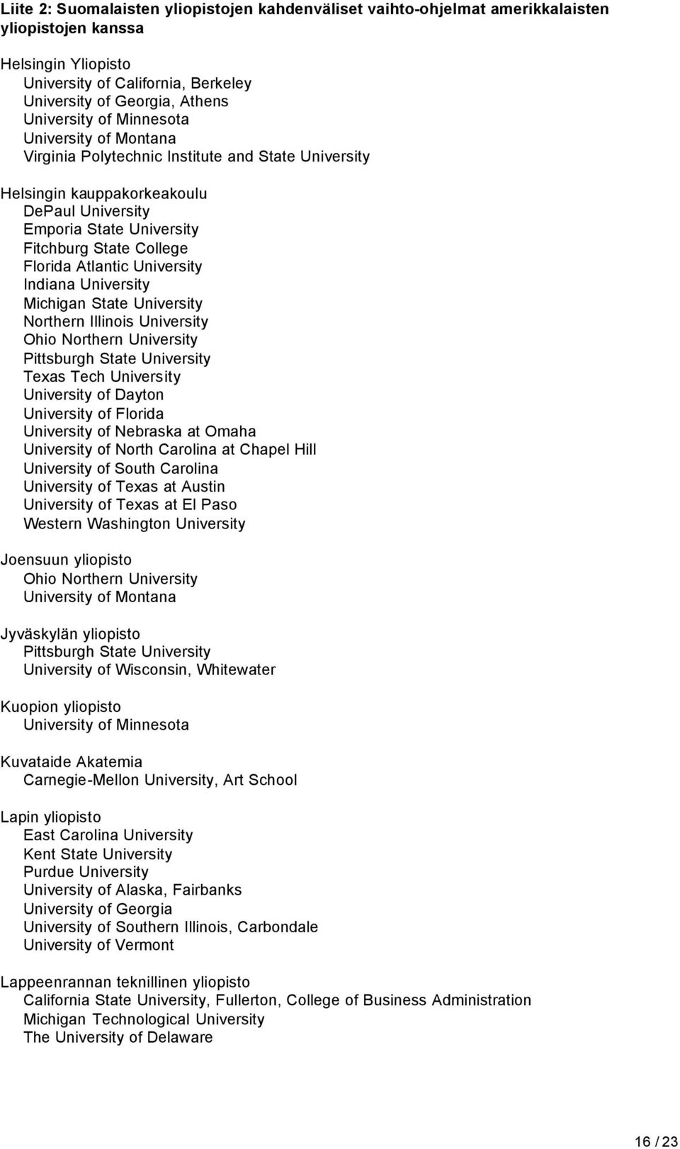 University Indiana University Michigan State University Northern Illinois University Ohio Northern University Pittsburgh State University Texas Tech University University of Dayton University of