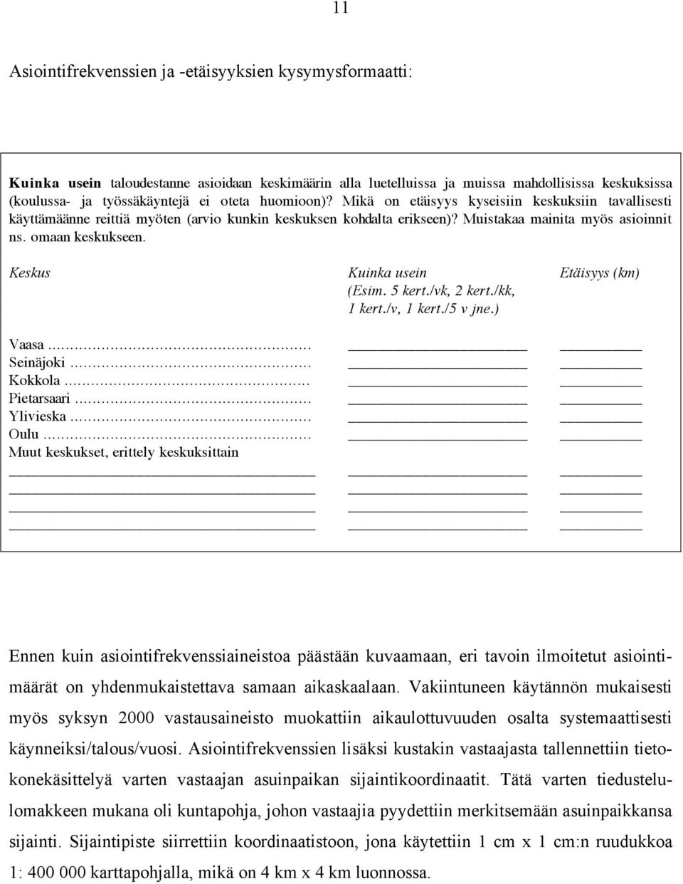 Keskus Kuinka usein Etäisyys (km) (Esim. 5 kert./vk, 2 kert./kk, 1 kert./v, 1 kert./5 v jne.) Vaasa... Seinäjoki... Kokkola... Pietarsaari... Ylivieska... Oulu.