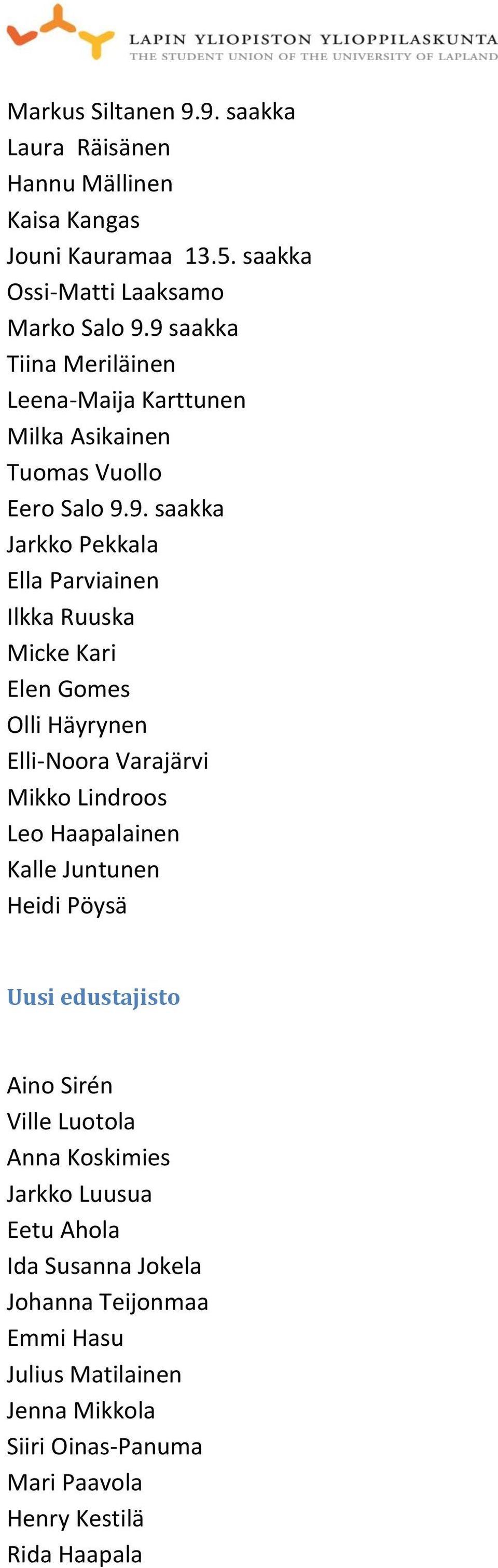 Kari Elen Gomes Olli Häyrynen Elli-Noora Varajärvi Mikko Lindroos Leo Haapalainen Kalle Juntunen Heidi Pöysä Uusi edustajisto Aino Sirén Ville Luotola