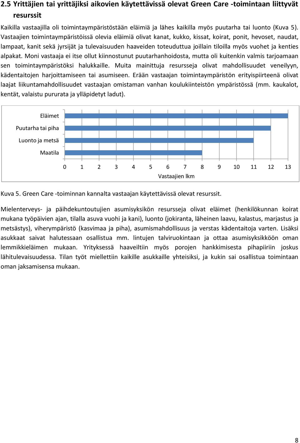 Vastaajien toimintaympäristöissä olevia eläimiä olivat kanat, kukko, kissat, koirat, ponit, hevoset, naudat, lampaat, kanit sekä jyrsijät ja tulevaisuuden haaveiden toteuduttua joillain tiloilla myös