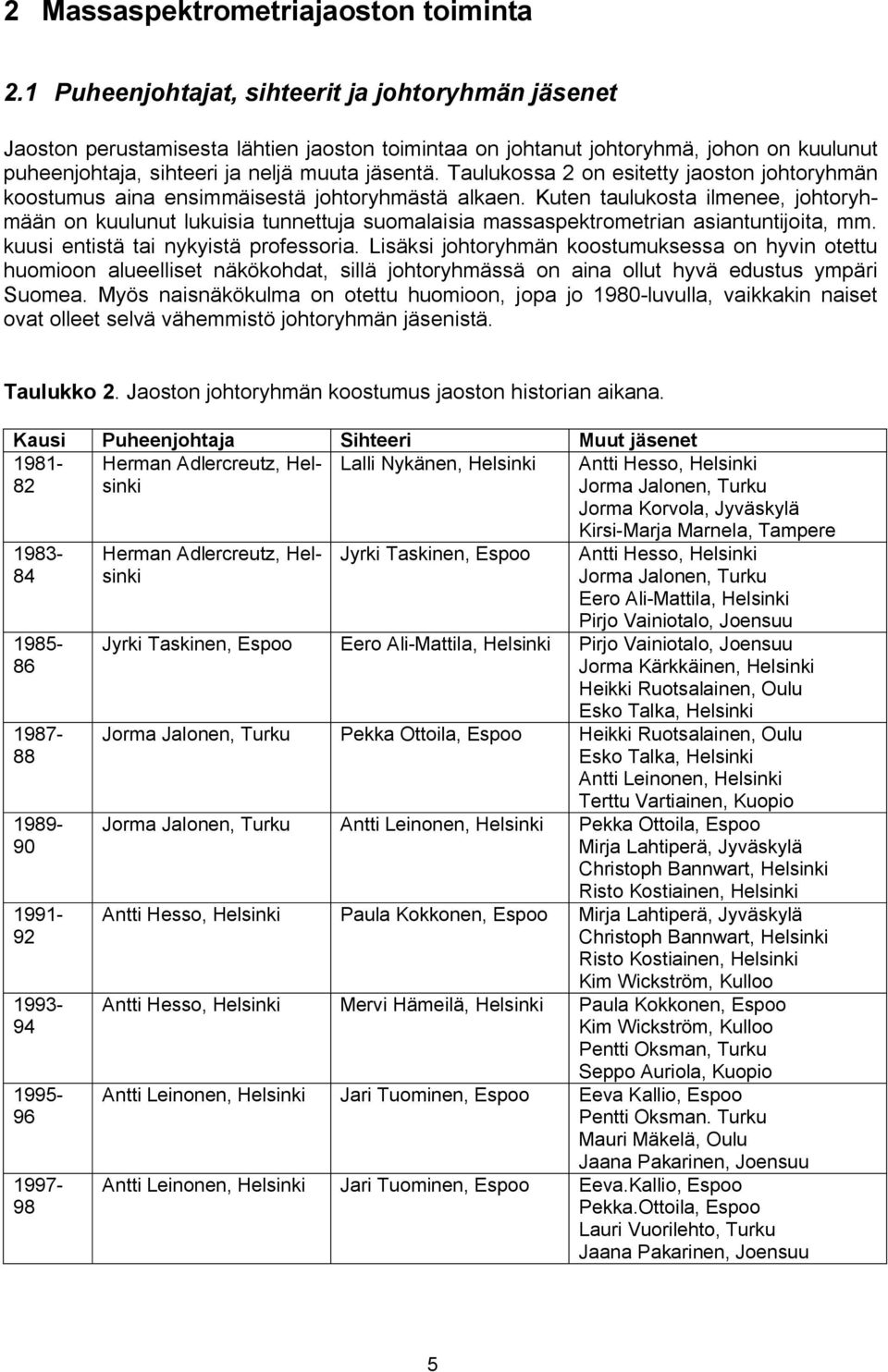 Taulukossa 2 on esitetty jaoston johtoryhmän koostumus aina ensimmäisestä johtoryhmästä alkaen.