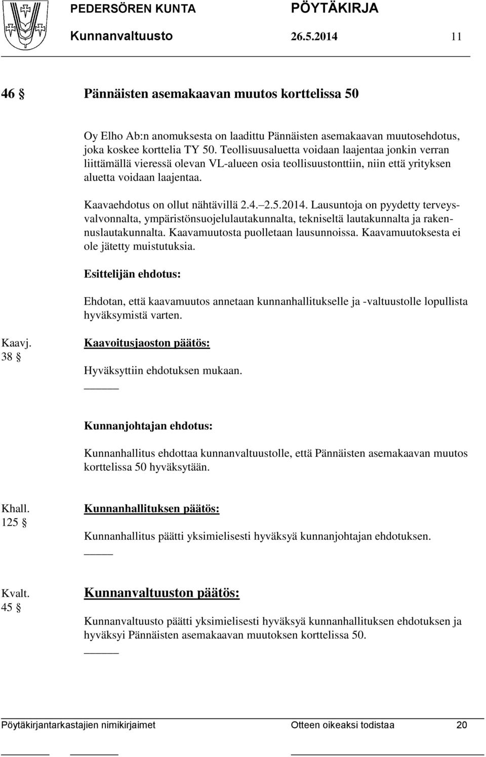 2014. Lausuntoja on pyydetty terveysvalvonnalta, ympäristönsuojelulautakunnalta, tekniseltä lautakunnalta ja rakennuslautakunnalta. Kaavamuutosta puolletaan lausunnoissa.