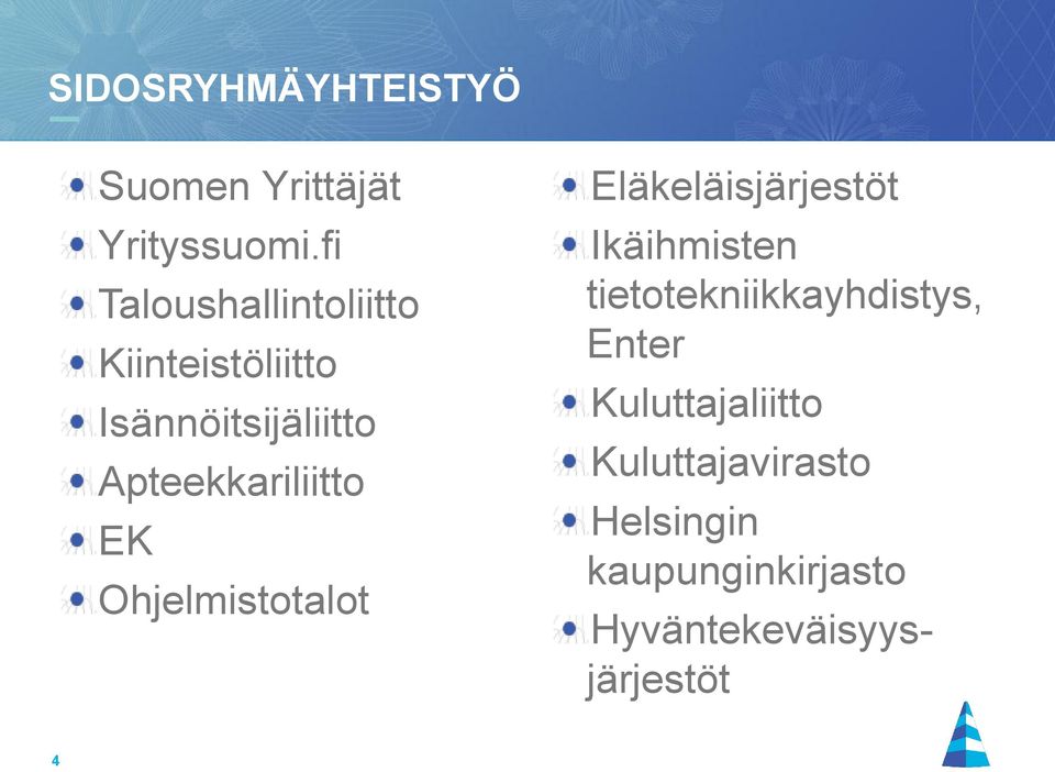 Apteekkariliitto EK Ohjelmistotalot Eläkeläisjärjestöt Ikäihmisten