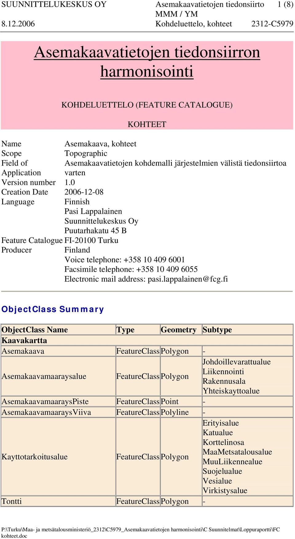 0 Creation Date 2006-12-08 Language Finnish Pasi Lappalainen Suunnittelukeskus Oy Puutarhakatu 45 B Feature Catalogue FI-20100 Turku Producer Finland Voice telephone: +358 10 409 6001 Facsimile