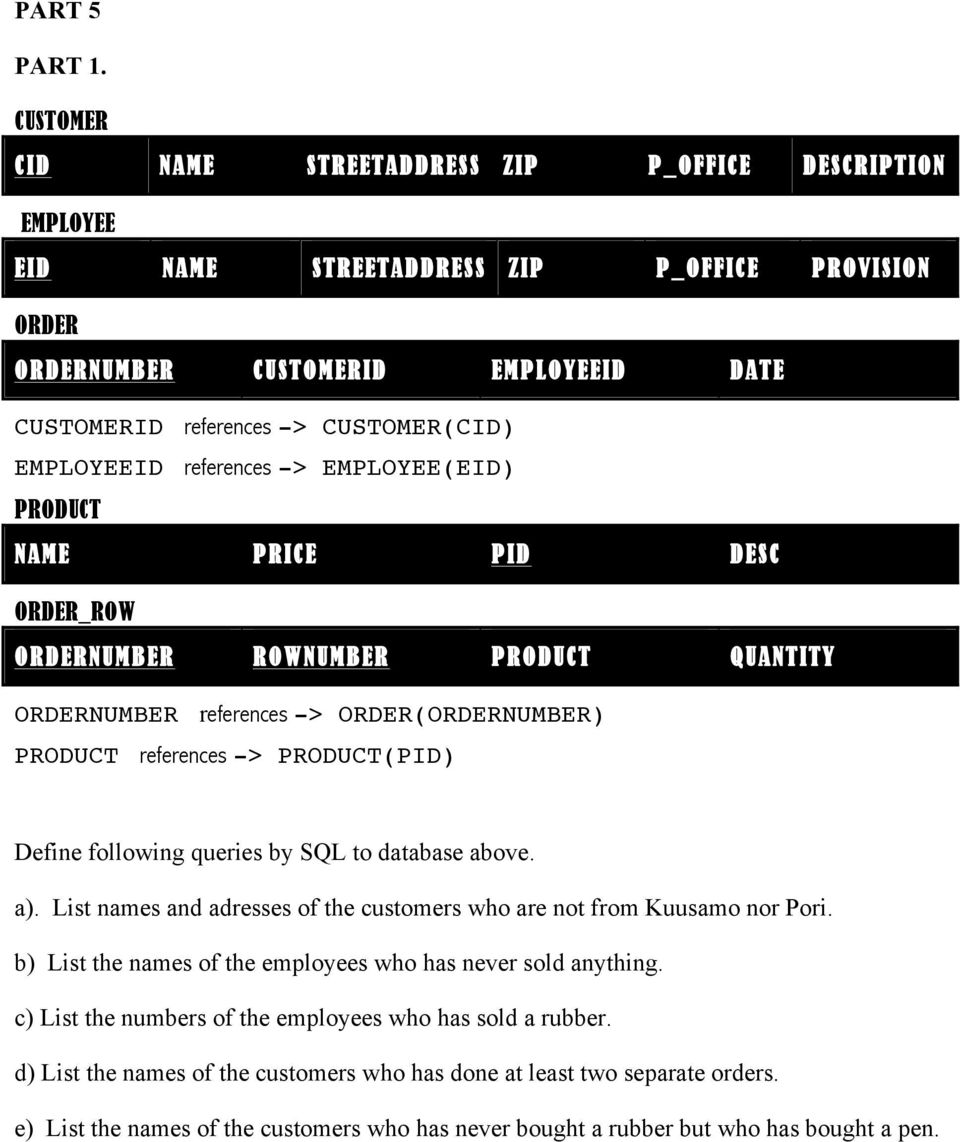 EMPLOYEEID references -> EMPLOYEE(EID) PRODUCT NAME PRICE PID DESC ORDER_ROW ORDERNUMBER ROWNUMBER PRODUCT QUANTITY ORDERNUMBER references -> ORDER(ORDERNUMBER) PRODUCT references -> PRODUCT(PID)