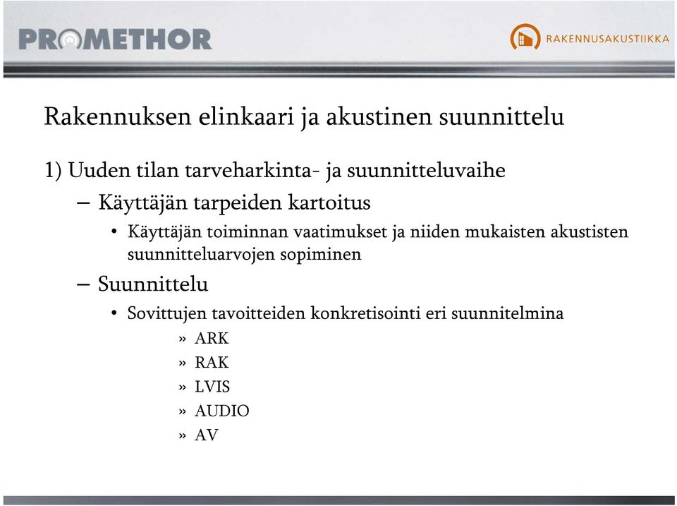 vaatimukset ja niiden mukaisten akustisten suunnitteluarvojen sopiminen