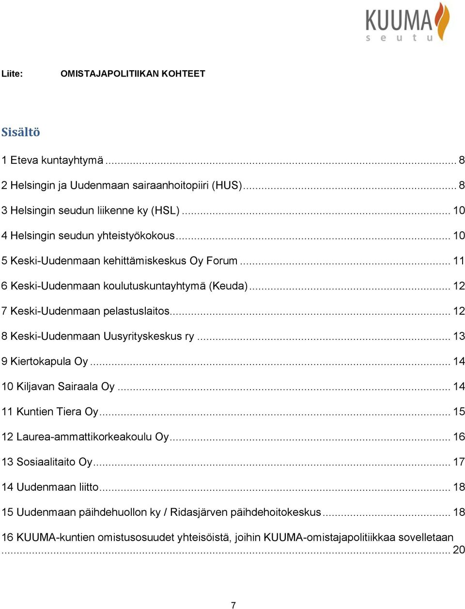 .. 12 8 Keski-Uudenmaan Uusyrityskeskus ry... 13 9 Kiertokapula Oy... 14 10 Kiljavan Sairaala Oy... 14 11 Kuntien Tiera Oy... 15 12 Laurea-ammattikorkeakoulu Oy.