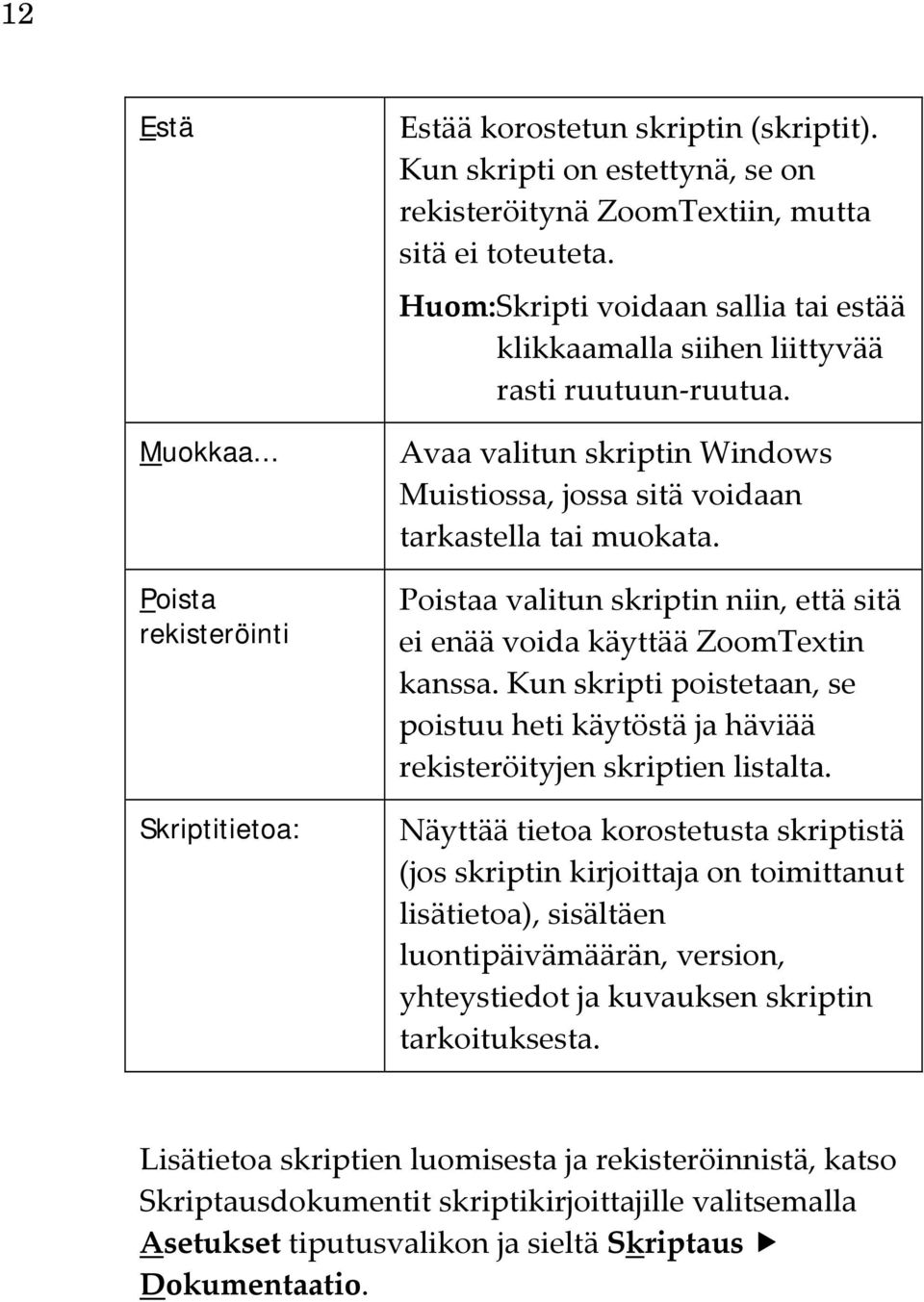 Poistaa valitun skriptin niin, että sitä ei enää voida käyttää ZoomTextin kanssa. Kun skripti poistetaan, se poistuu heti käytöstä ja häviää rekisteröityjen skriptien listalta.