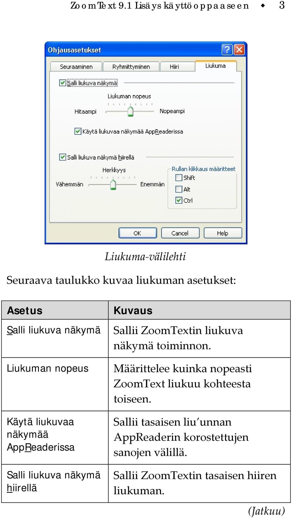 näkymä Liukuman nopeus Käytä liukuvaa näkymää AppReaderissa Salli liukuva näkymä hiirellä Kuvaus Sallii