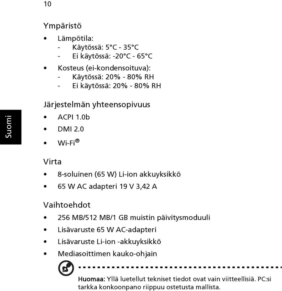 0 Wi-Fi Virta 8-soluinen (65 W) Li-ion akkuyksikkö 65 W AC adapteri 19 V 3,42 A Vaihtoehdot 256 MB/512 MB/1 GB muistin päivitysmoduuli