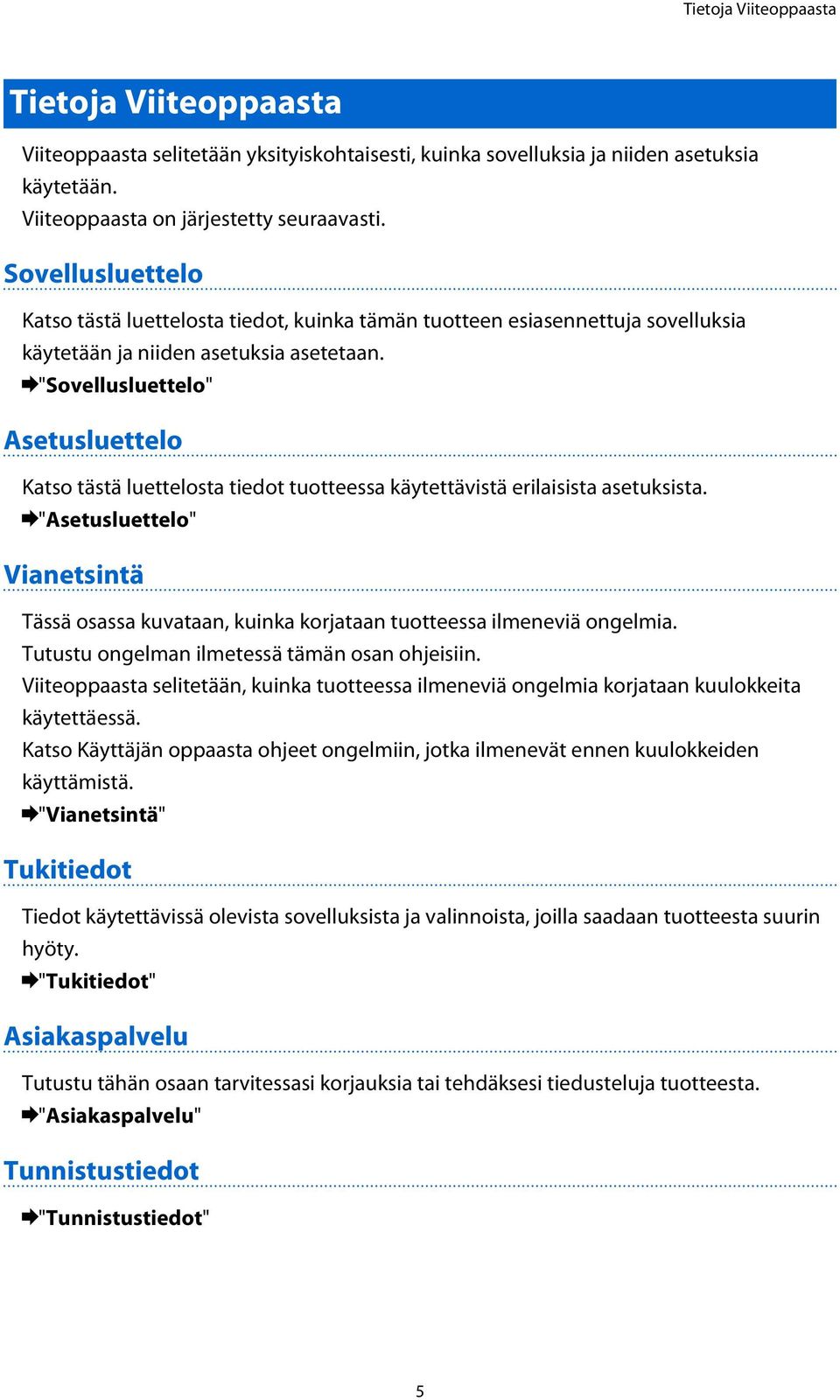 "Sovellusluettelo" Asetusluettelo Katso tästä luettelosta tiedot tuotteessa käytettävistä erilaisista asetuksista.