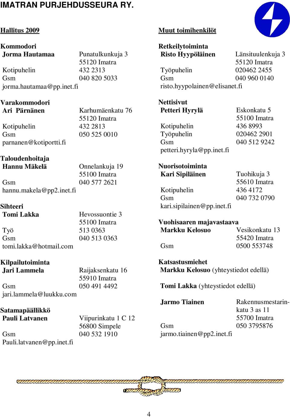 fi Taloudenhoitaja Hannu Mäkelä Onnelankuja 19 55100 Imatra Gsm 040 577 2621 hannu.makela@pp2.inet.fi Sihteeri Tomi Lakka Hevossuontie 3 55100 Imatra Työ 513 0363 Gsm 040 513 0363 tomi.lakka@hotmail.