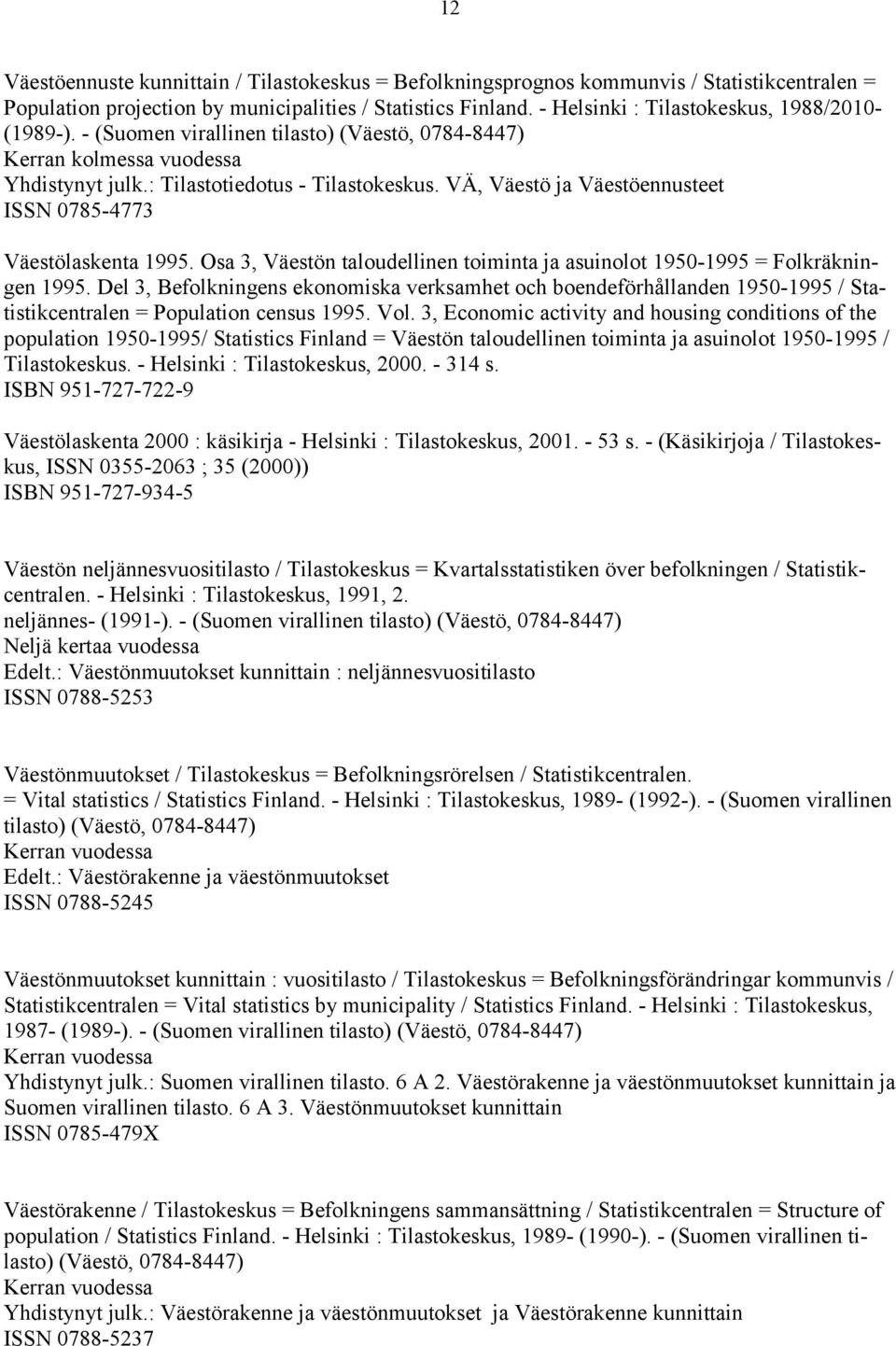 VÄ, Väestö ja Väestöennusteet ISSN 0785-4773 Väestölaskenta 1995. Osa 3, Väestön taloudellinen toiminta ja asuinolot 1950-1995 = Folkräkningen 1995.