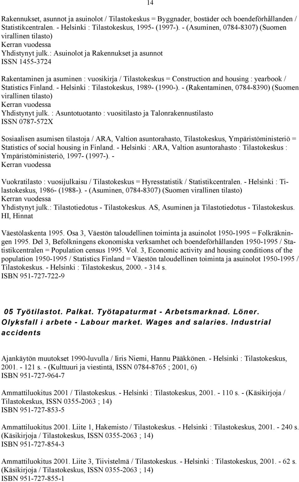 : Asuinolot ja Rakennukset ja asunnot ISSN 1455-3724 Rakentaminen ja asuminen : vuosikirja / Tilastokeskus = Construction and housing : yearbook / Statistics Finland.