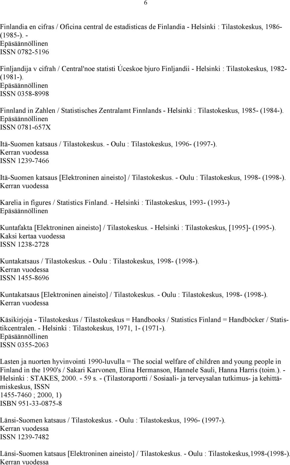 ISSN 0358-8998 Finnland in Zahlen / Statistisches Zentralamt Finnlands - Helsinki : Tilastokeskus, 1985- (1984-). ISSN 0781-657X Itä-Suomen katsaus / Tilastokeskus.