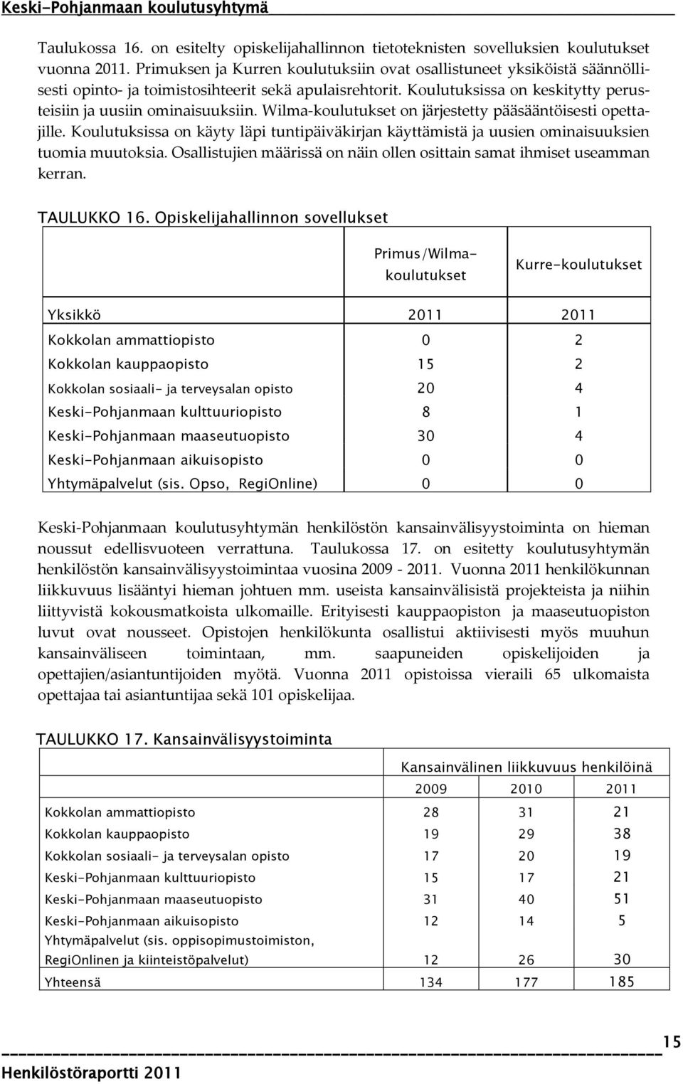 Wilma-koulutukset on järjestetty pääsääntöisesti opettajille. Koulutuksissa on käyty läpi tuntipäiväkirjan käyttämistä ja uusien ominaisuuksien tuomia muutoksia.