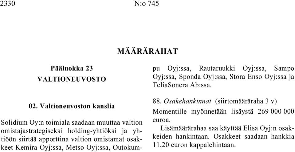 valtion omistamat osakkeet Kemira Oyj:ssa, Metso Oyj:ssa, Outokumpu Oyj:ssa, Rautaruukki Oyj:ssa, Sampo Oyj:ssa, Sponda Oyj:ssa, Stora Enso