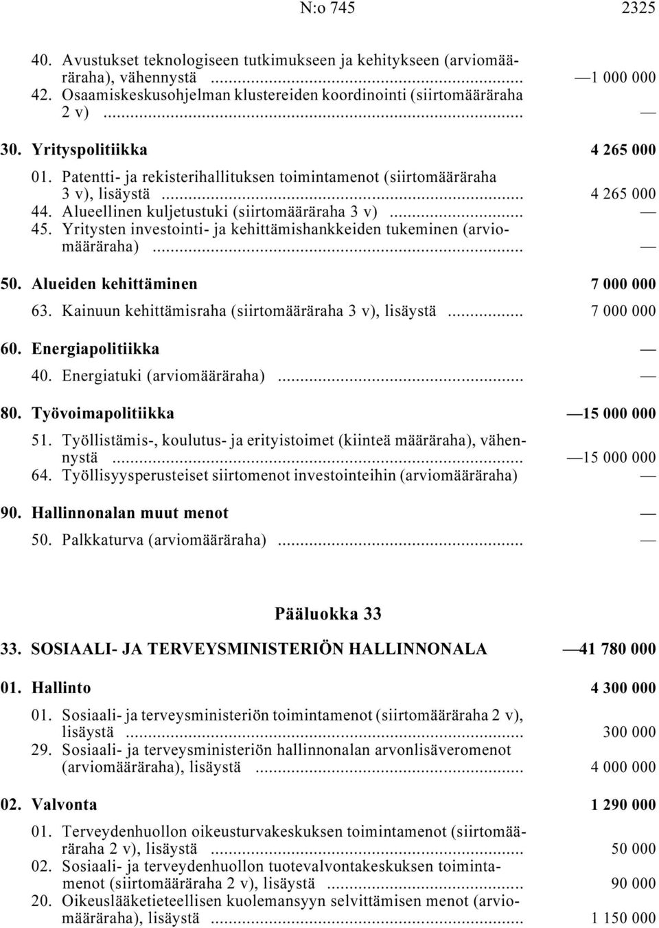 Yritysten investointi- ja kehittämishankkeiden tukeminen (arviomääräraha) i... 50. Alueiden kehittäminen i 7000000 63. Kainuun kehittämisraha (siirtomääräraha 3 v), lisäystä i... 7 000 000 60.