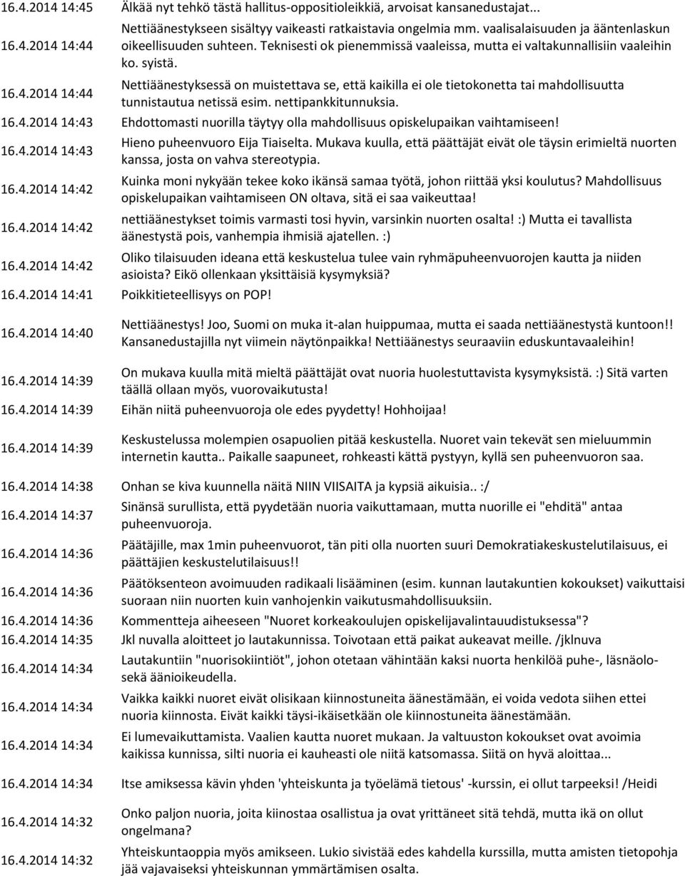 2014 14:44 Nettiäänestyksessä on muistettava se, että kaikilla ei ole tietokonetta tai mahdollisuutta tunnistautua netissä esim. nettipankkitunnuksia. 16.4.2014 14:43 Ehdottomasti nuorilla täytyy olla mahdollisuus opiskelupaikan vaihtamiseen!