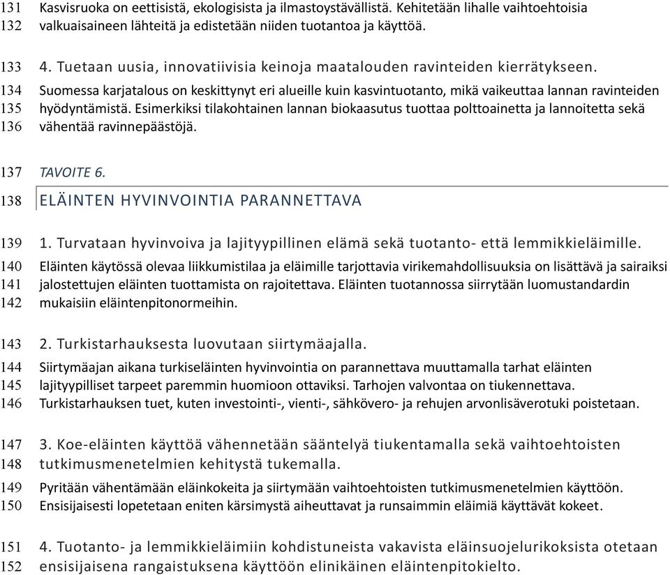 Esimerkiksi tilakohtainen lannan biokaasutus tuottaa polttoainetta ja lannoitetta sekä vähentää ravinnepäästöjä. 137 138 139 140 141 142 143 144 145 146 147 148 149 150 151 152 TAVOITE 6.