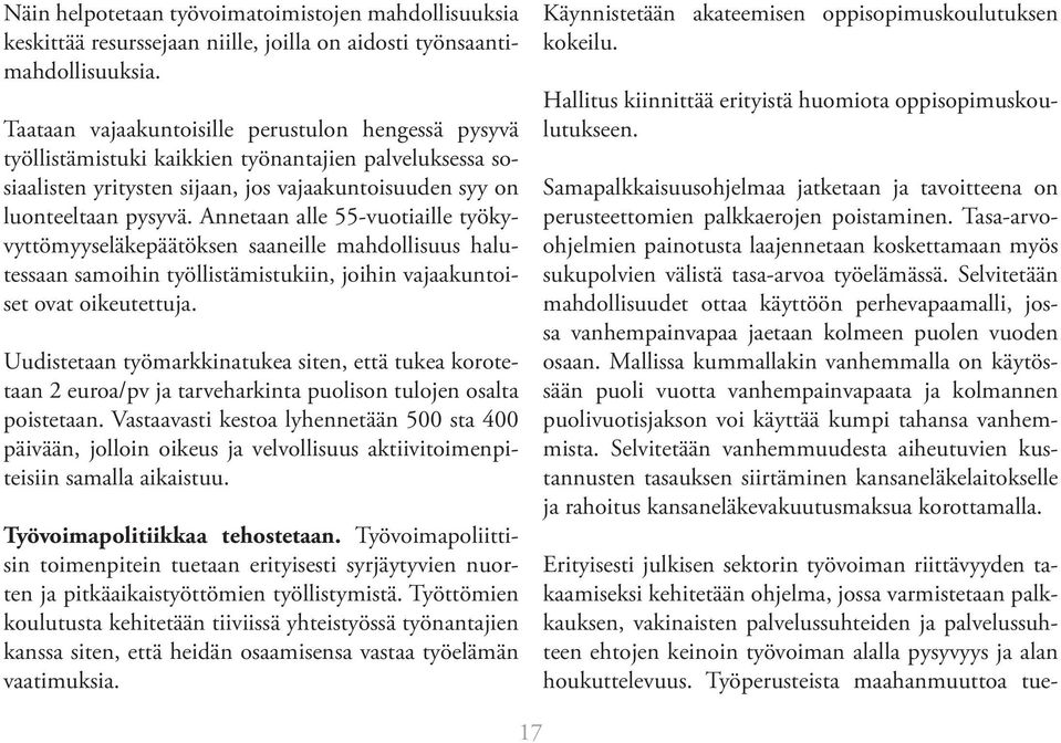 Annetaan alle 55-vuotiaille työkyvyttömyyseläkepäätöksen saaneille mahdollisuus halutessaan samoihin työllistämistukiin, joihin vajaakuntoiset ovat oikeutettuja.