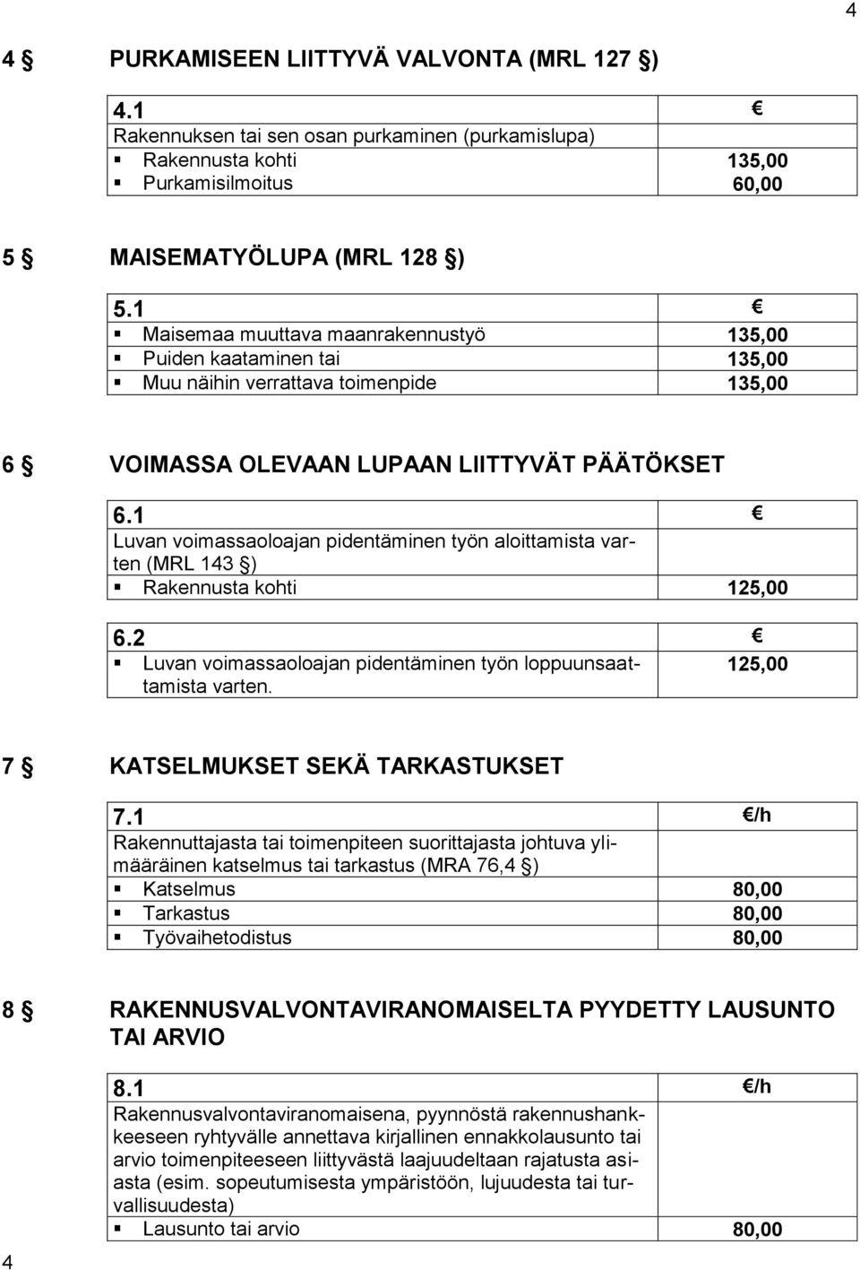 1 Luvan voimassaoloajan pidentäminen työn aloittamista varten (MRL 143 ) Rakennusta kohti 125,00 6.2 Luvan voimassaoloajan pidentäminen työn loppuunsaattamista varten.