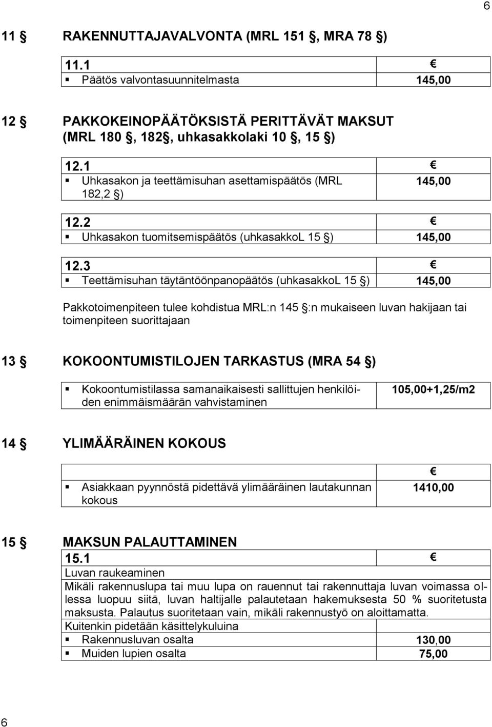 3 Teettämisuhan täytäntöönpanopäätös (uhkasakkol 15 ) 145,00 Pakkotoimenpiteen tulee kohdistua MRL:n 145 :n mukaiseen luvan hakijaan tai toimenpiteen suorittajaan 13 KOKOONTUMISTILOJEN TARKASTUS (MRA