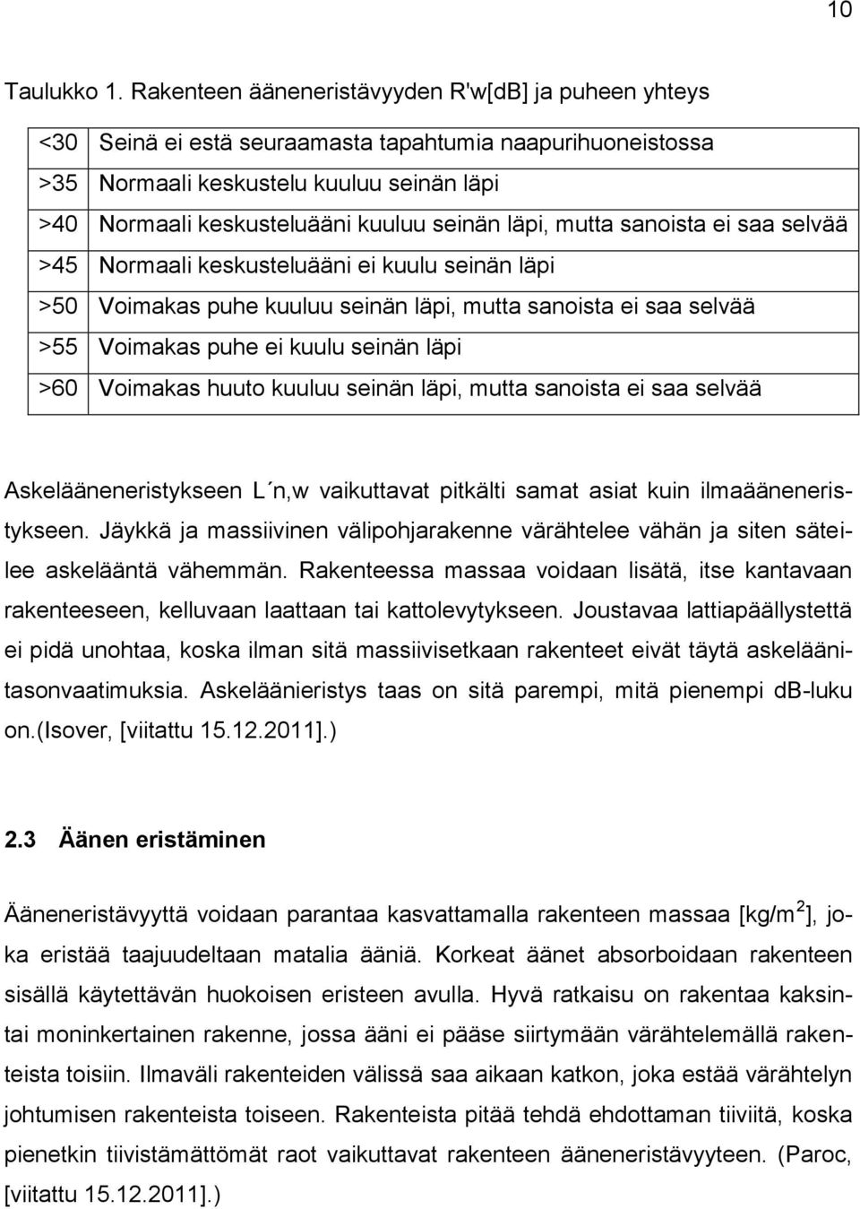 läpi, mutta sanoista ei saa selvää >45 Normaali keskusteluääni ei kuulu seinän läpi >50 Voimakas puhe kuuluu seinän läpi, mutta sanoista ei saa selvää >55 Voimakas puhe ei kuulu seinän läpi >60