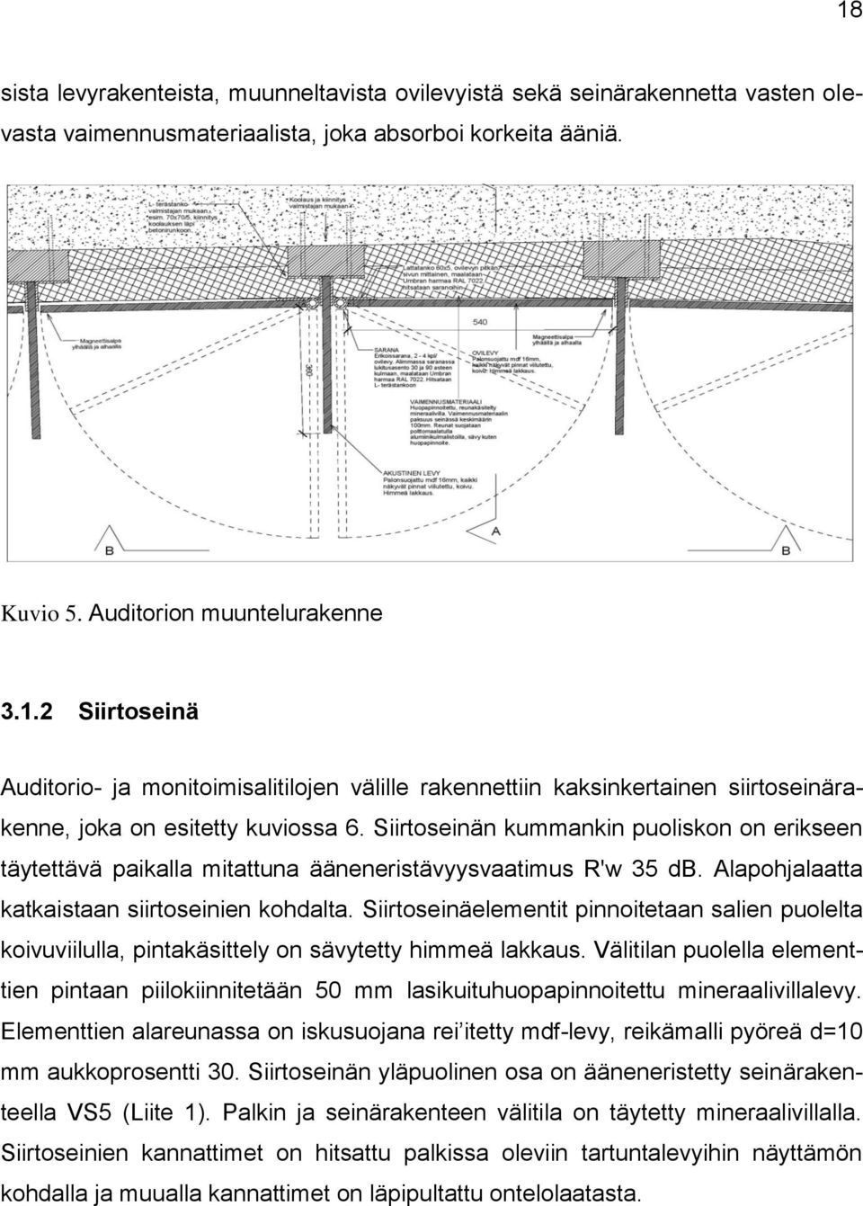 Siirtoseinäelementit pinnoitetaan salien puolelta koivuviilulla, pintakäsittely on sävytetty himmeä lakkaus.