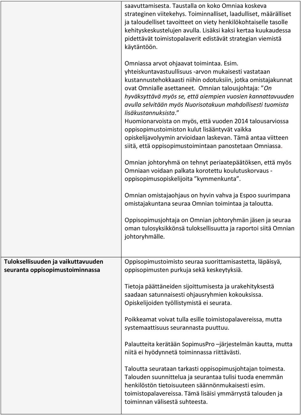 Lisäksi kaksi kertaa kuukaudessa pidettävät toimistopalaverit edistävät strategian viemistä käytäntöön. Omniassa arvot ohjaavat toimintaa. Esim.