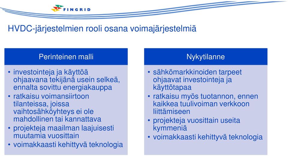 laajuisesti muutamia vuosittain voimakkaasti kehittyvä teknologia Nykytilanne sähkömarkkinoiden tarpeet ohjaavat investointeja ja