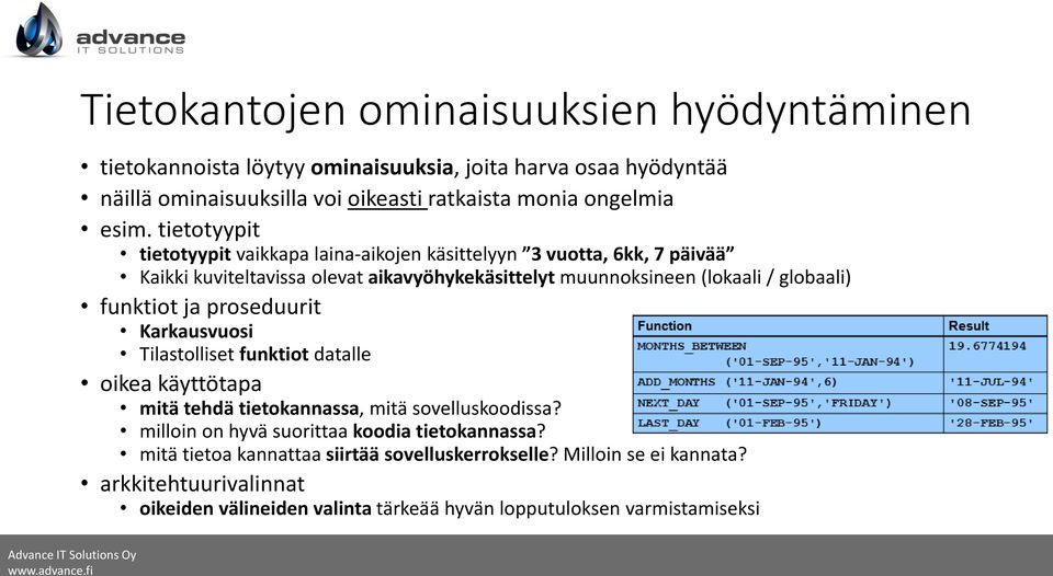 funktiot ja proseduurit Karkausvuosi Tilastolliset funktiot datalle oikea käyttötapa mitä tehdä tietokannassa, mitä sovelluskoodissa?