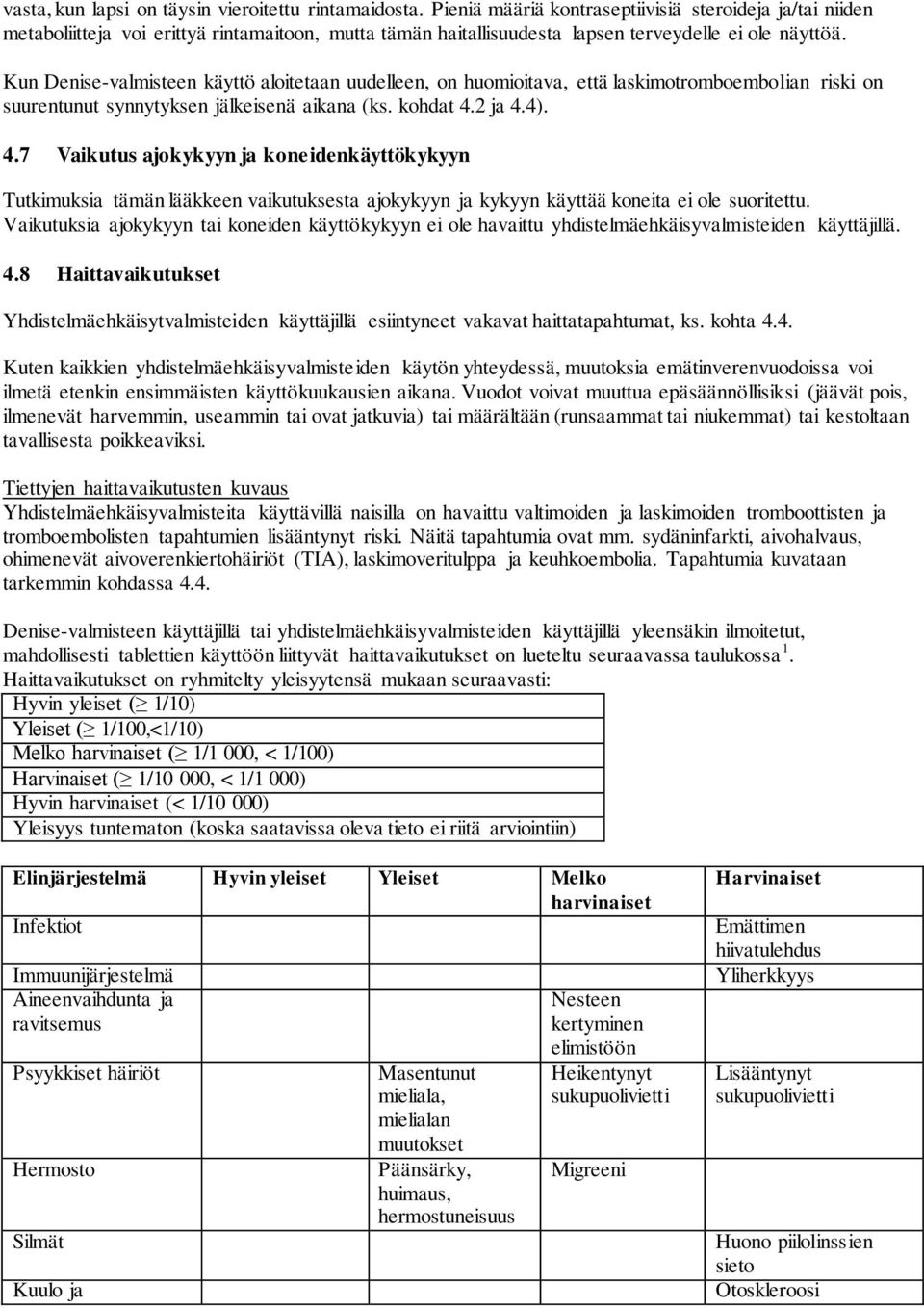 Kun Denise-valmisteen käyttö aloitetaan uudelleen, on huomioitava, että laskimotromboembolian riski on suurentunut synnytyksen jälkeisenä aikana (ks. kohdat 4.