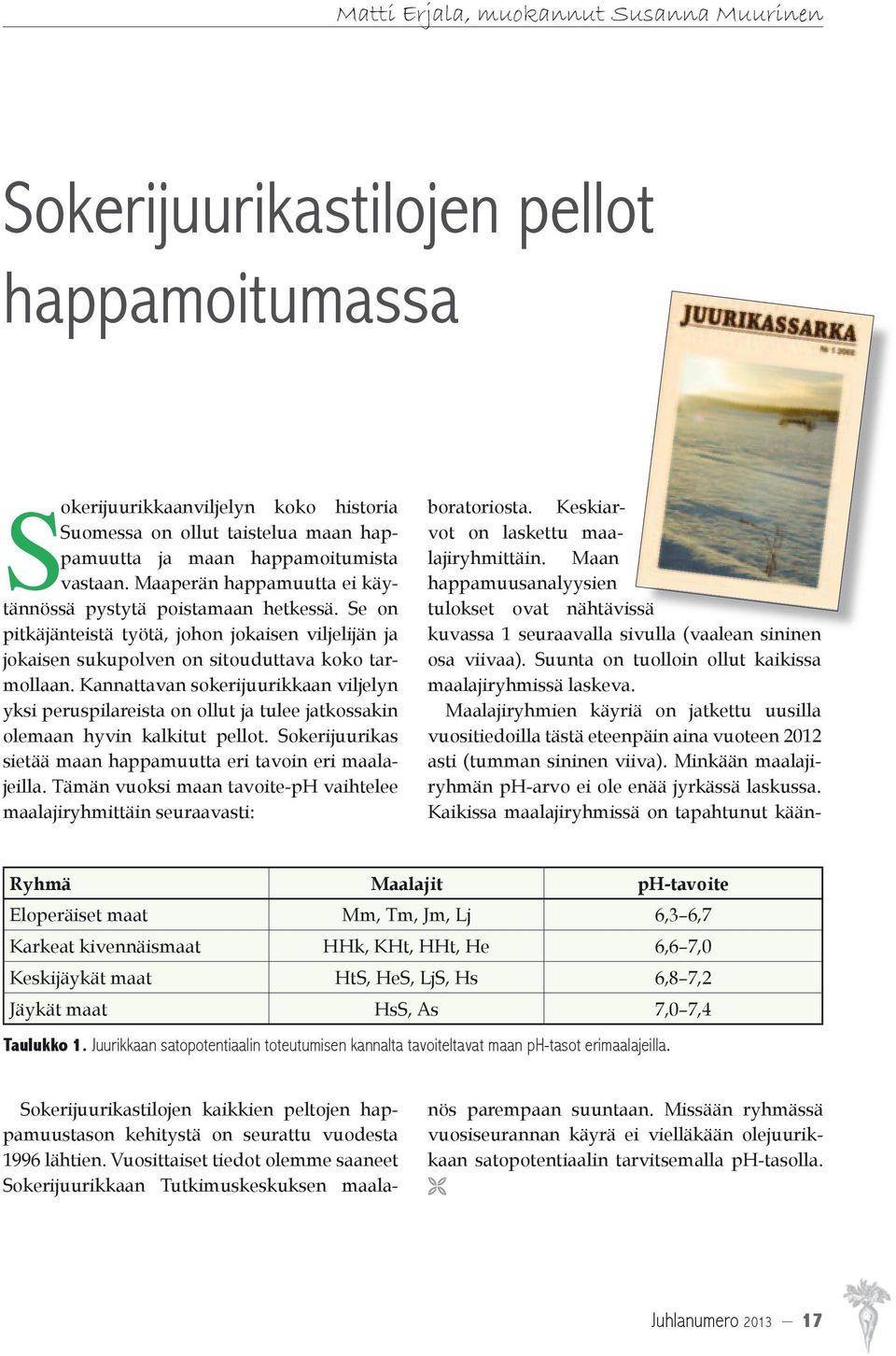 Kannattavan sokerijuurikkaan viljelyn yksi peruspilareista on ollut ja tulee jatkossakin olemaan hyvin kalkitut pellot. Sokerijuurikas sietää maan happamuutta eri tavoin eri maalajeilla.