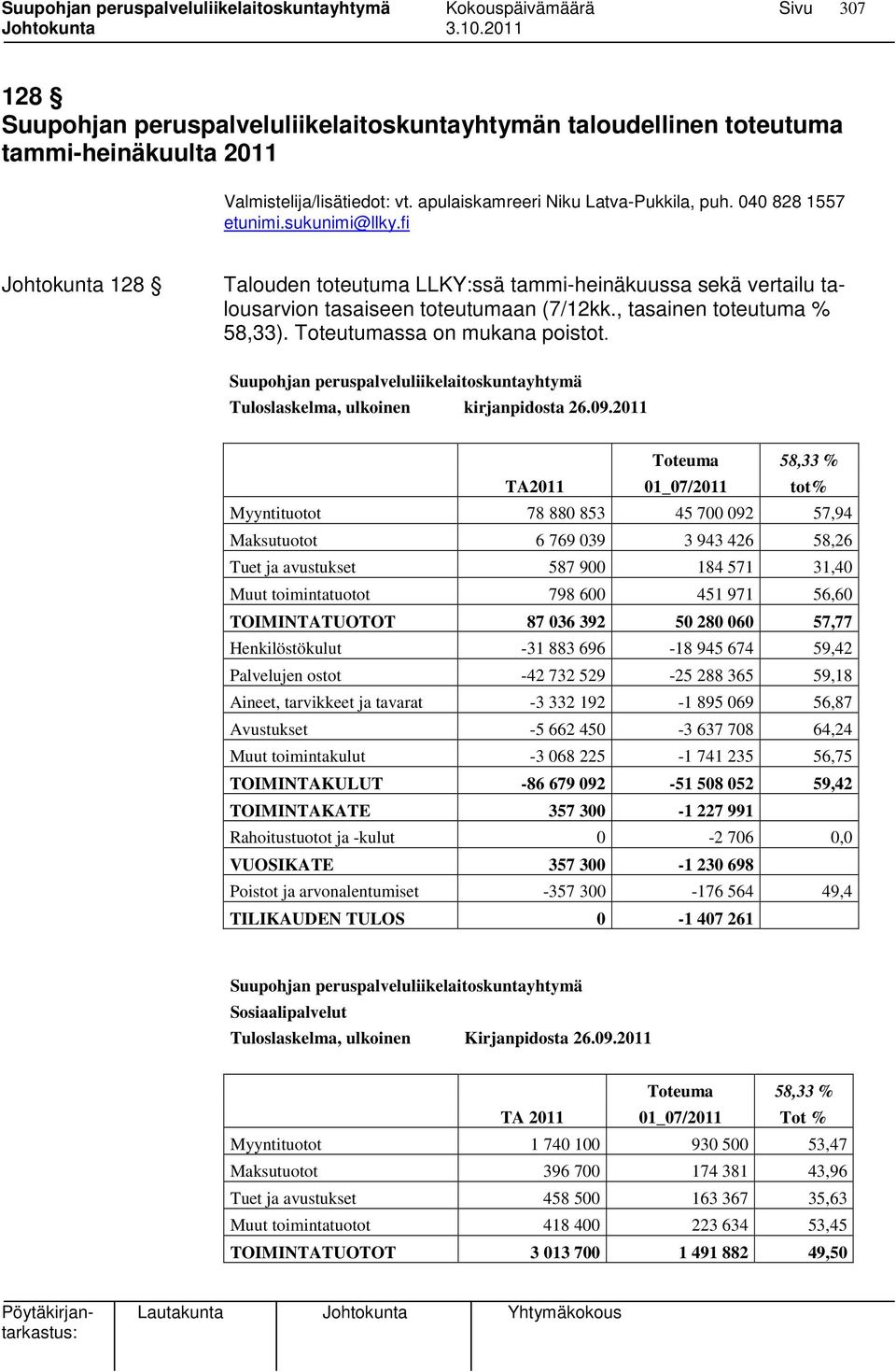 Suupohjan peruspalveluliikelaitoskuntayhtymä Tuloslaskelma, ulkoinen kirjanpidosta 26.09.