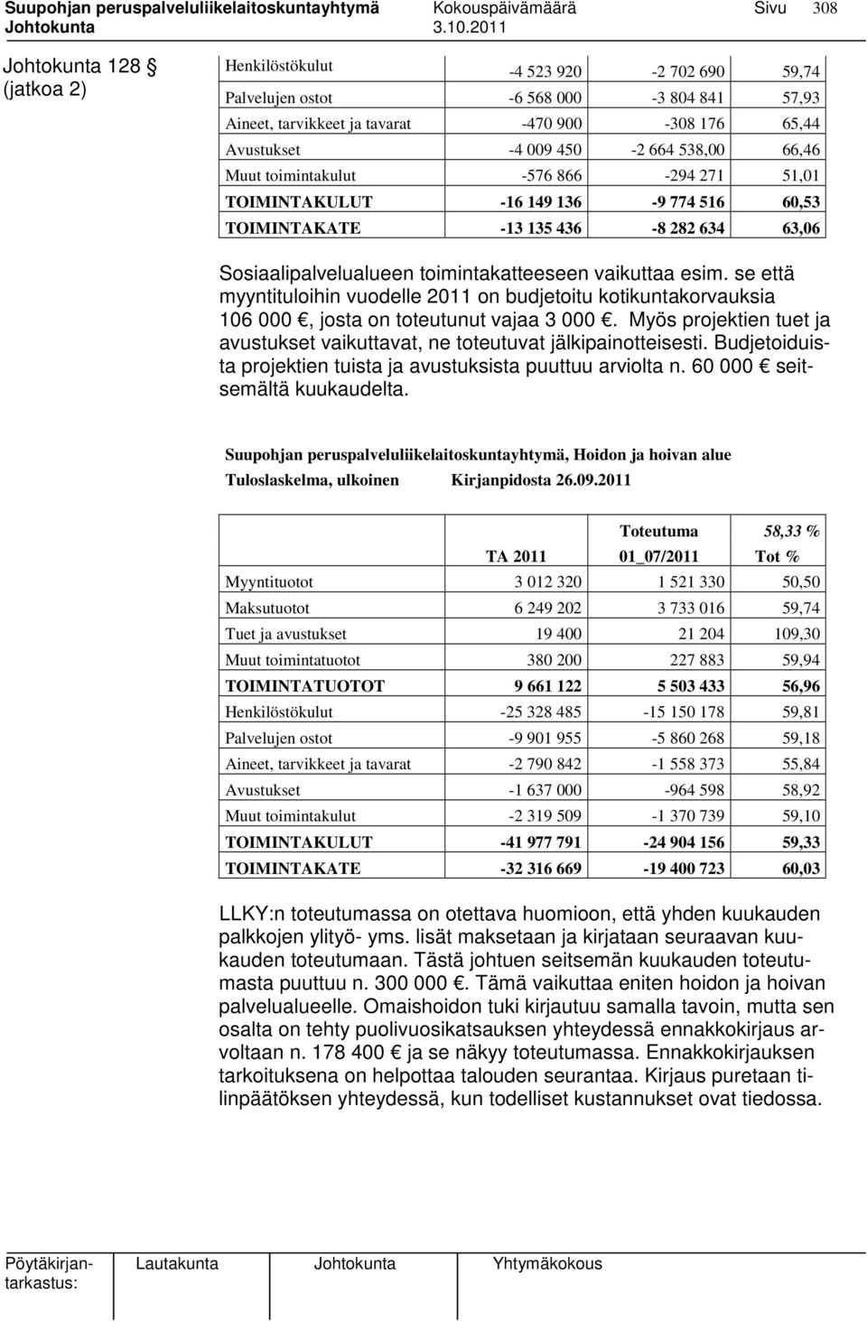 se että myyntituloihin vuodelle 2011 on budjetoitu kotikuntakorvauksia 106 000, josta on toteutunut vajaa 3 000. Myös projektien tuet ja avustukset vaikuttavat, ne toteutuvat jälkipainotteisesti.